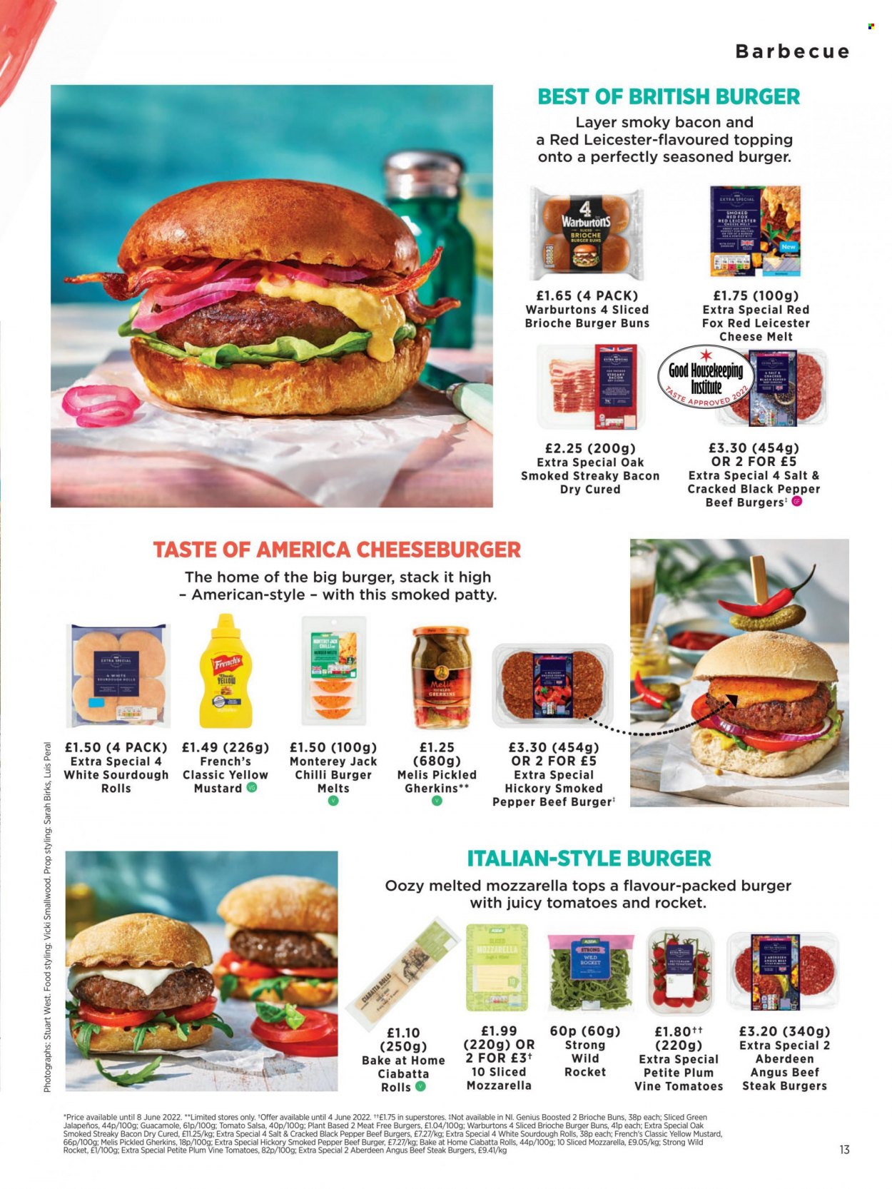 thumbnail - ASDA offer  - 16/05/2022 - 26/06/2022 - Sales products - beef meat, beef steak, steak, ciabatta, buns, burger buns, brioche, cheeseburger, beef burger, bacon, streaky bacon, guacamole, Monterey Jack cheese, mozzarella, Red Leicester, cheese, topping, black pepper, mustard, salsa. Page 13.