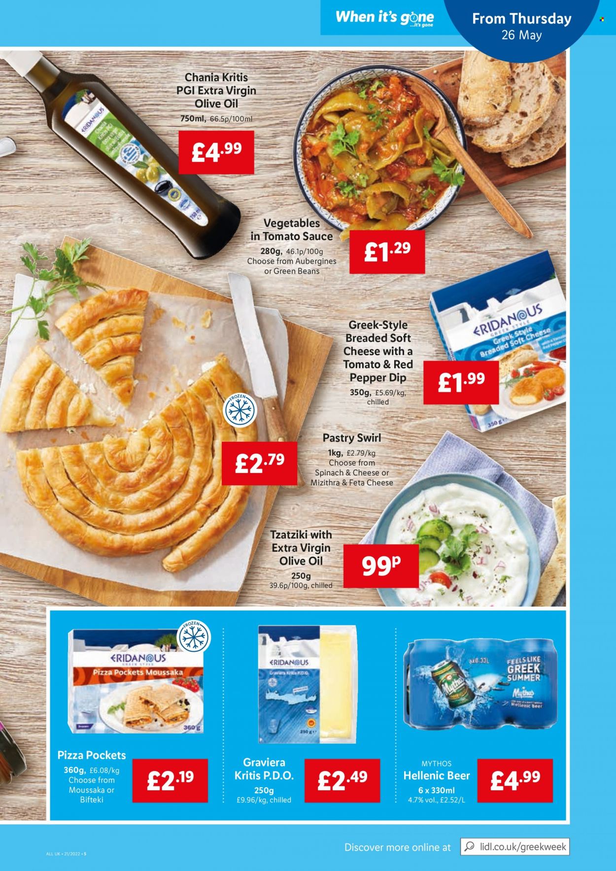 thumbnail - Lidl offer  - 26/05/2022 - 01/06/2022 - Sales products - beer, beans, green beans, pizza, tzatziki, feta, soft cheese, dip, pepper, extra virgin olive oil, oil. Page 3.