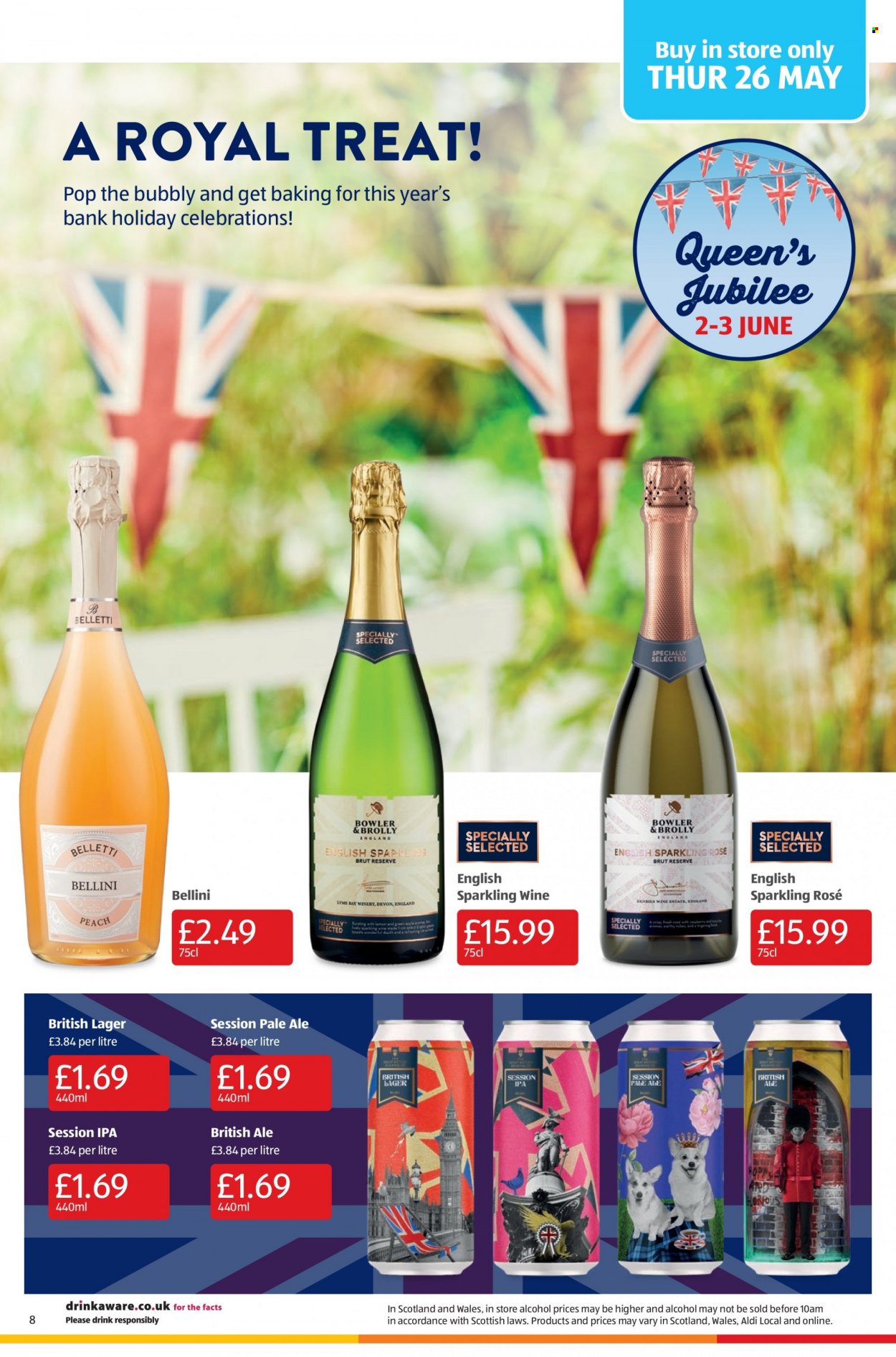 thumbnail - Aldi offer  - 22/05/2022 - 29/05/2022 - Sales products - beer, alcohol, Lager, IPA, Celebration, sparkling wine, wine, rosé wine, Brut. Page 8.