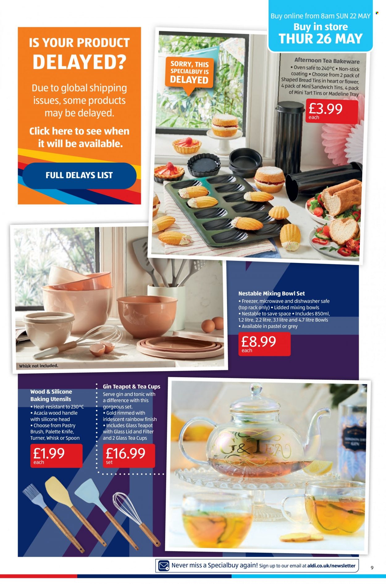 thumbnail - Aldi offer  - 22/05/2022 - 29/05/2022 - Sales products - bread, tart, sandwich, gin, gin & tonic, Palette, knife, lid, spoon, teapot, utensils, cup, bowl set, bakeware, oven, microwave. Page 9.