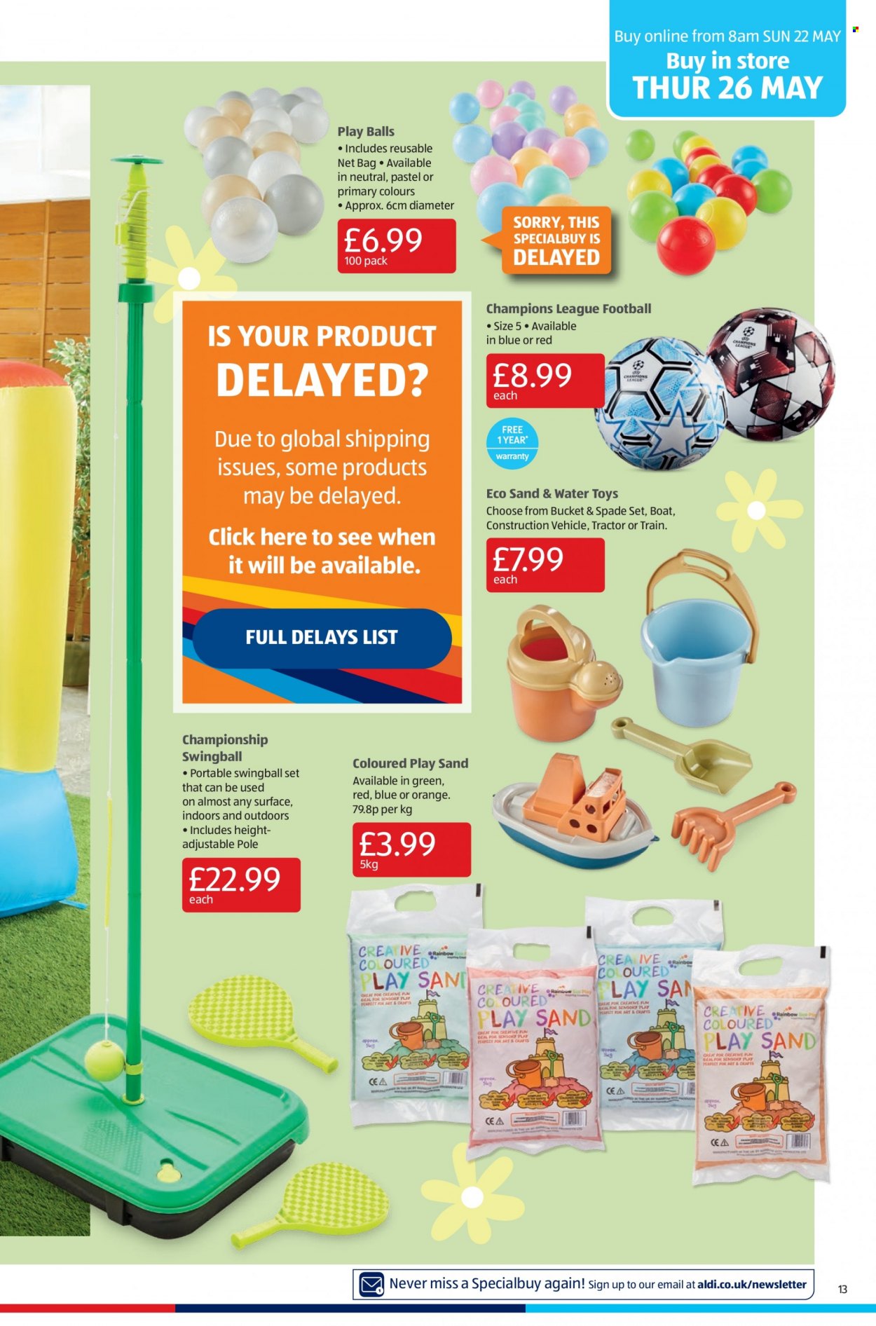 thumbnail - Aldi offer  - 22/05/2022 - 29/05/2022 - Sales products - oranges, toys, vehicle, train, tractor, boat, spade. Page 13.
