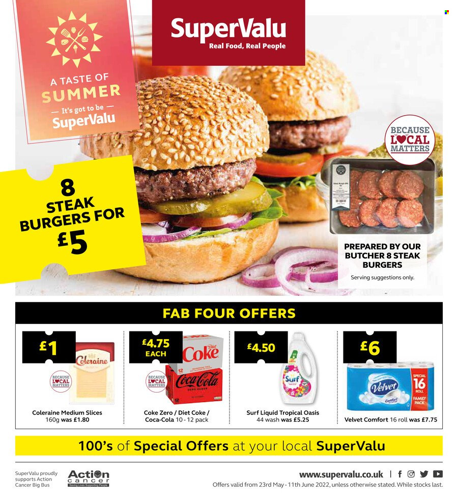 thumbnail - SuperValu offer  - 23/05/2022 - 11/06/2022 - Sales products - steak, hamburger, Coca-Cola, Coca-Cola zero, Diet Coke, Fab, Surf. Page 1.