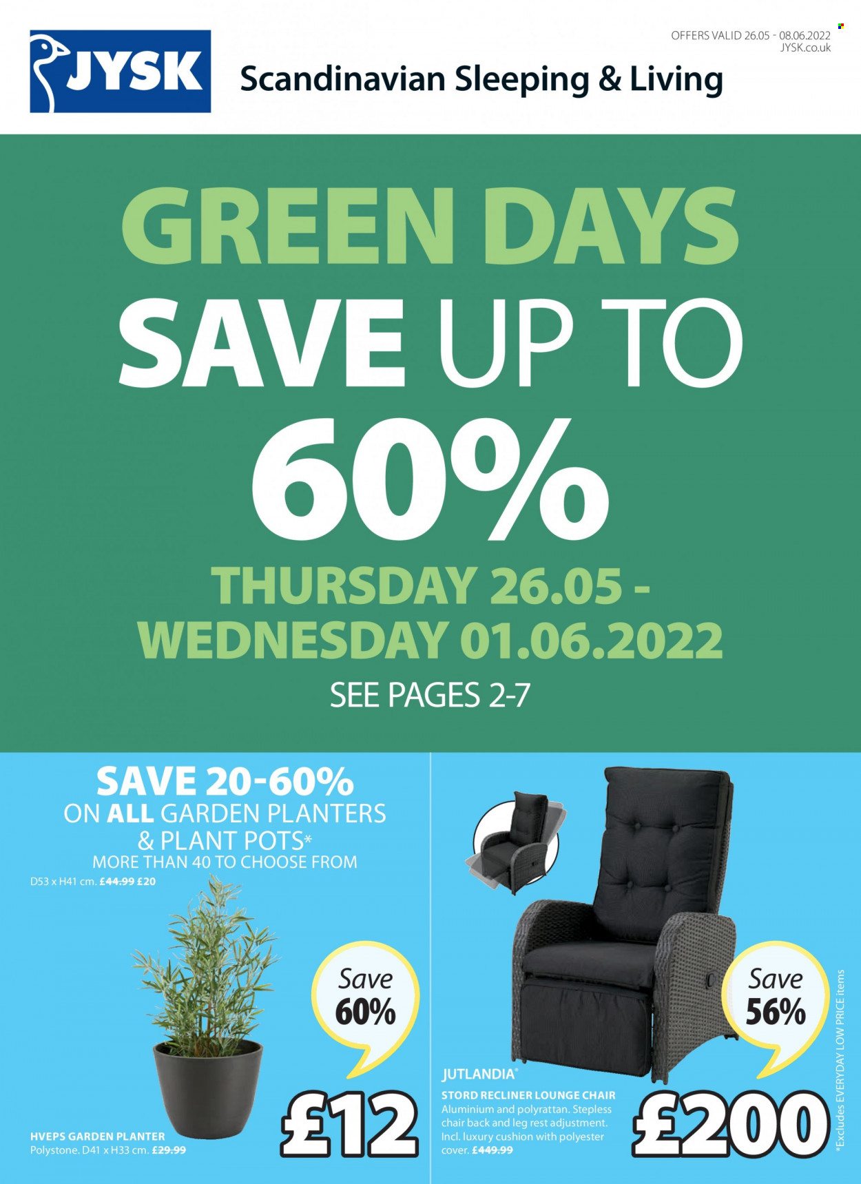 thumbnail - JYSK offer  - 26/05/2022 - 08/06/2022 - Sales products - chair, recliner chair, lounge, cushion, pot. Page 1.