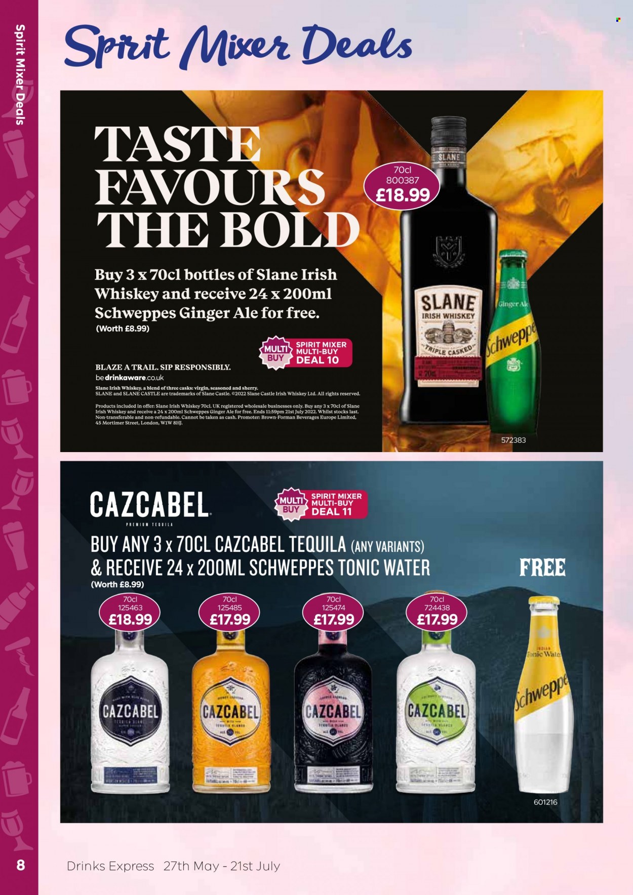thumbnail - Bestway offer  - 27/05/2022 - 21/07/2022 - Sales products - Castle, ginger ale, Schweppes, tonic, sherry, tequila, whiskey, irish whiskey, whisky, bin. Page 8.