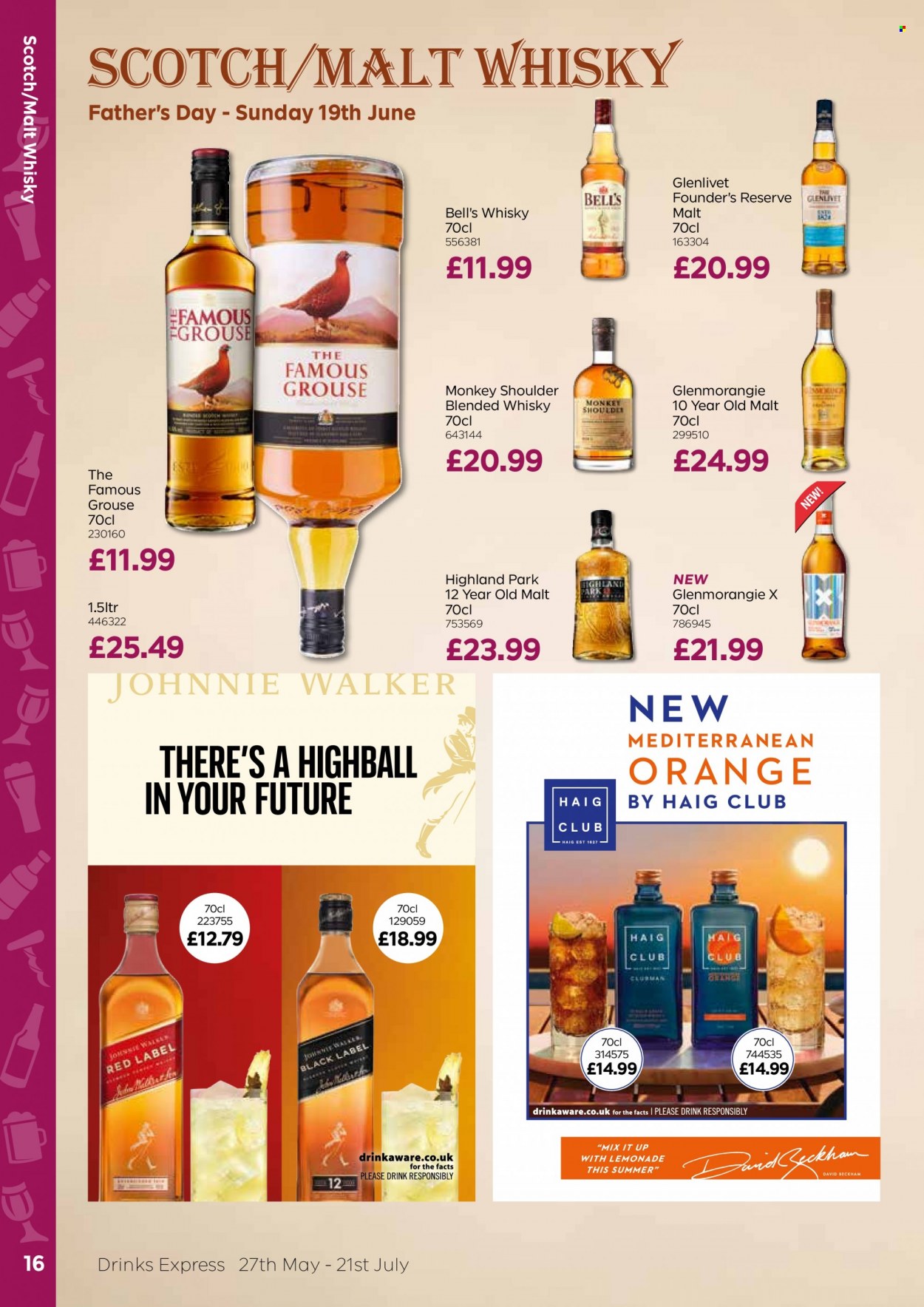 thumbnail - Bestway offer  - 27/05/2022 - 21/07/2022 - Sales products - oranges, Johnnie Walker, The Famous Grouse, whisky, David Beckham. Page 16.
