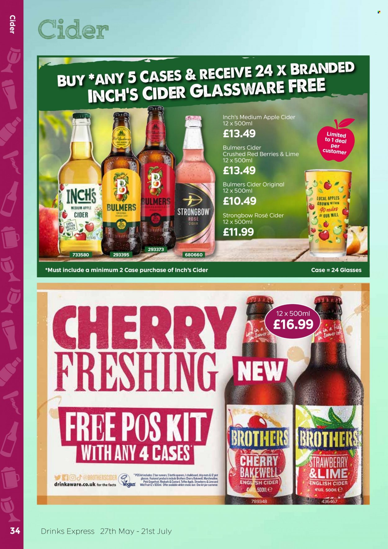 thumbnail - Bestway offer  - 27/05/2022 - 21/07/2022 - Sales products - Bulmers, grapefruits, marshmallows, toffee, wine, rosé wine, apple cider, BROTHERS, cider, glassware set, chalkboard. Page 34.