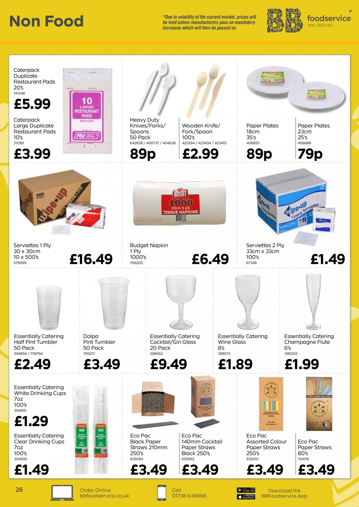 thumbnail - Bestway offer  - 27/05/2022 - 21/07/2022 - Sales products - gin, napkins, knife, fork, spoon, tumbler, wine glass, champagne flute, plate, cup, straw, paper, paper plate. Page 26.