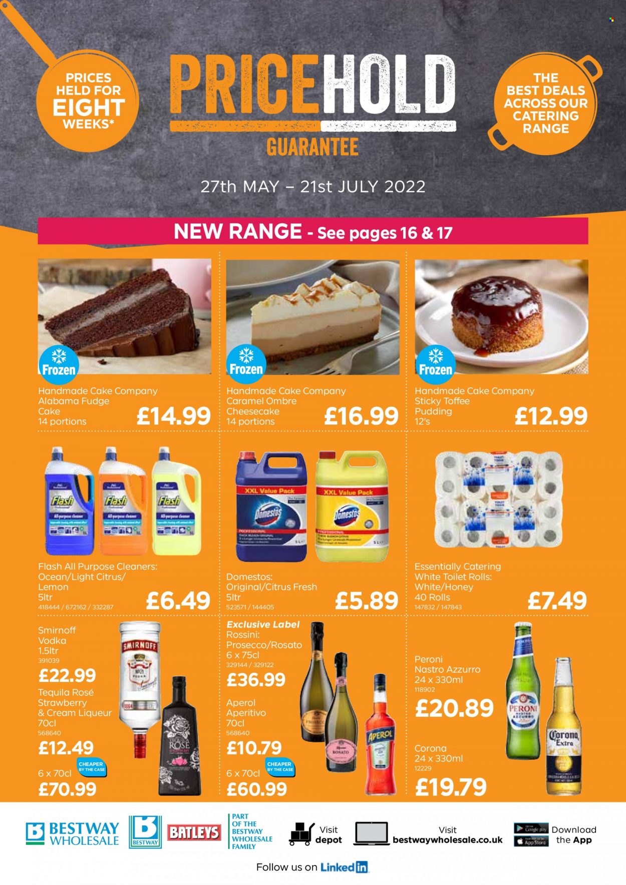 thumbnail - Bestway offer  - 27/05/2022 - 21/07/2022 - Sales products - Corona Extra, beer, Peroni, cake, cheesecake, pudding, fudge, toffee, caramel, honey, prosecco, wine, liqueur, Smirnoff, tequila, vodka, Aperol, toilet paper, Domestos. Page 1.