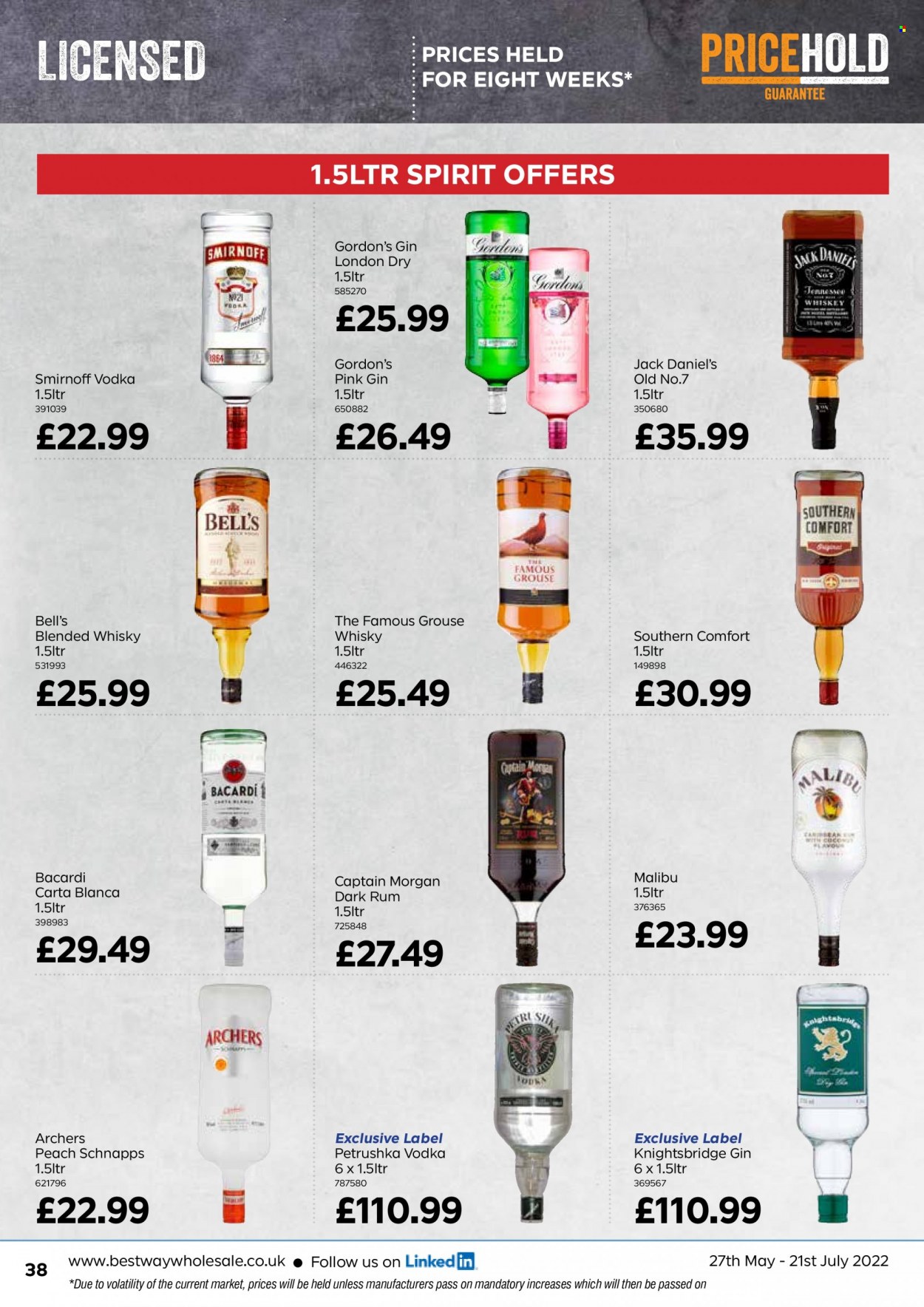 thumbnail - Bestway offer  - 27/05/2022 - 21/07/2022 - Sales products - Jack Daniel's, Bacardi, Captain Morgan, gin, schnapps, Smirnoff, Tennessee Whiskey, vodka, whiskey, Gordon's, rum, Malibu, The Famous Grouse, whisky. Page 38.