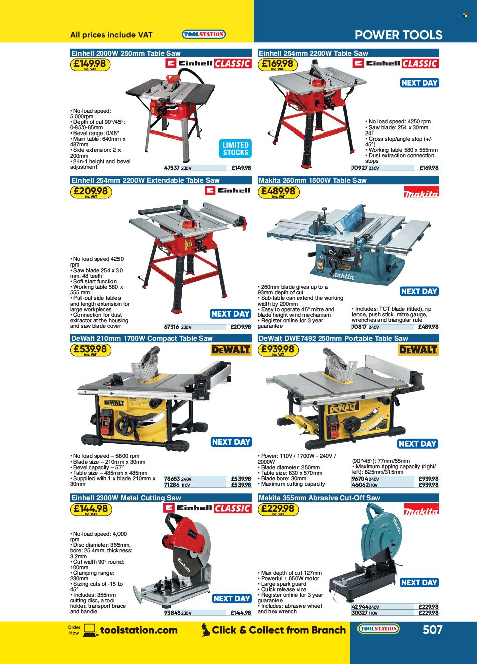 thumbnail - Toolstation offer  - Sales products - DeWALT, power tools, Makita, saw, table saw, table, dust extractor. Page 507.