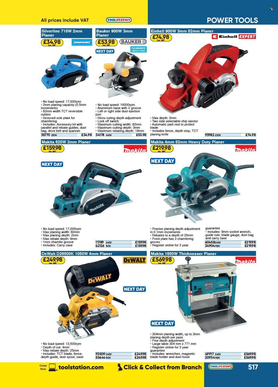 thumbnail - Toolstation offer  - Sales products - knife, DeWALT, power tools, Makita, planer, table. Page 517.