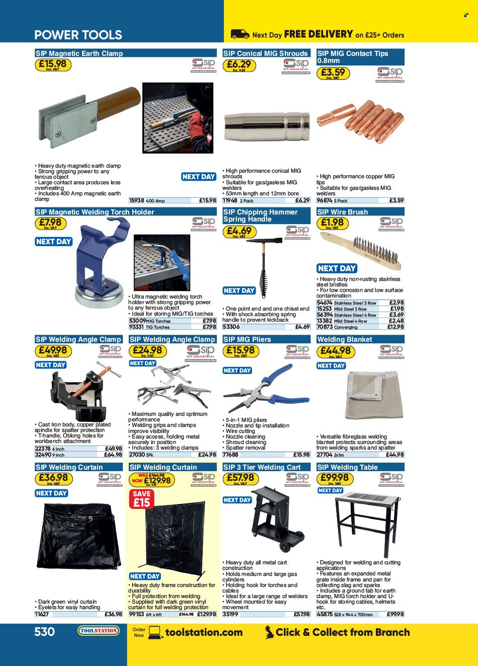 thumbnail - Toolstation offer  - Sales products - hammer, pliers, wire brush, blanket, cart, table, work bench, torch holder. Page 530.