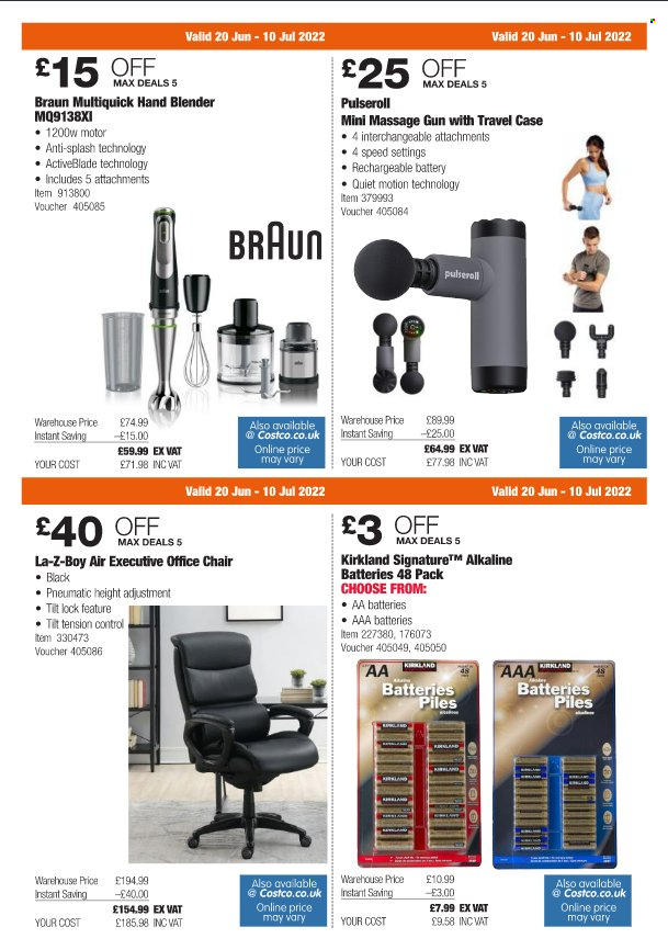 thumbnail - Costco offer  - 20/06/2022 - 10/07/2022 - Sales products - chair, La-z-Boy, office chair, rechargeable battery, AAA batteries, aa batteries, alkaline batteries, Braun, hand blender, gun. Page 3.
