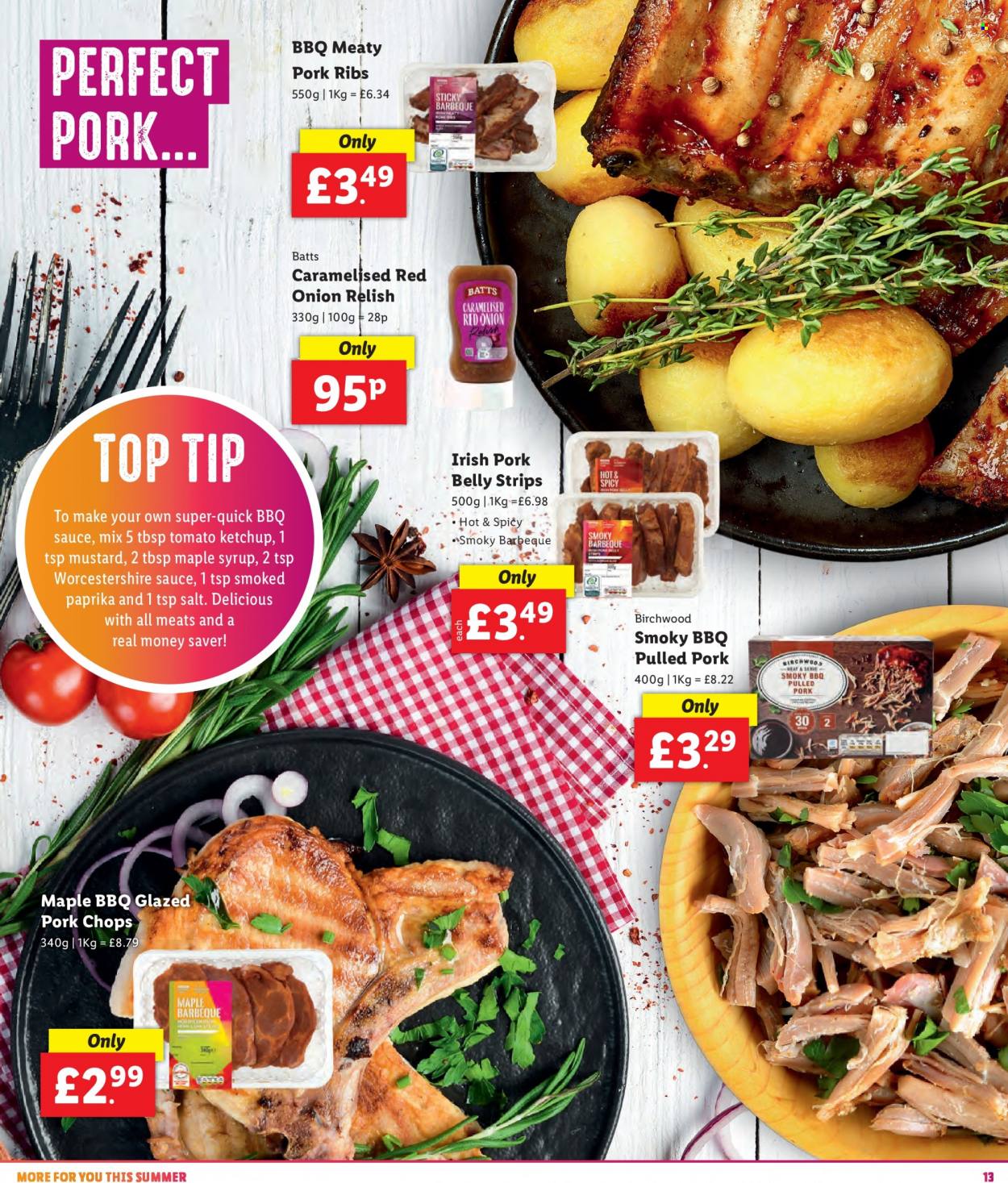 thumbnail - Lidl offer  - Sales products - onion, pork belly, pork chops, pork meat, pork ribs, pulled pork, strips, BBQ sauce, mustard, worcestershire sauce, ketchup, maple syrup, syrup. Page 13.