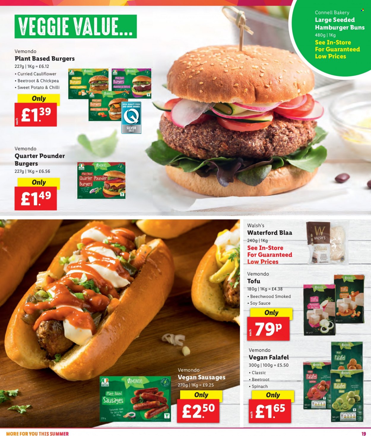 thumbnail - Lidl offer  - Sales products - cauliflower, spinach, beetroot, buns, burger buns, sauce, sausage, tofu, soy sauce. Page 19.