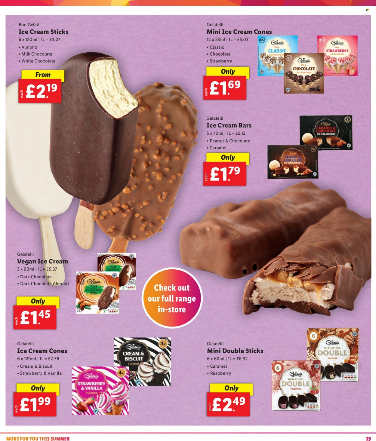 thumbnail - Lidl offer  - Sales products - ice cream, ice cream bars, biscuit, milk chocolate, white chocolate, dark chocolate, caramel. Page 29.