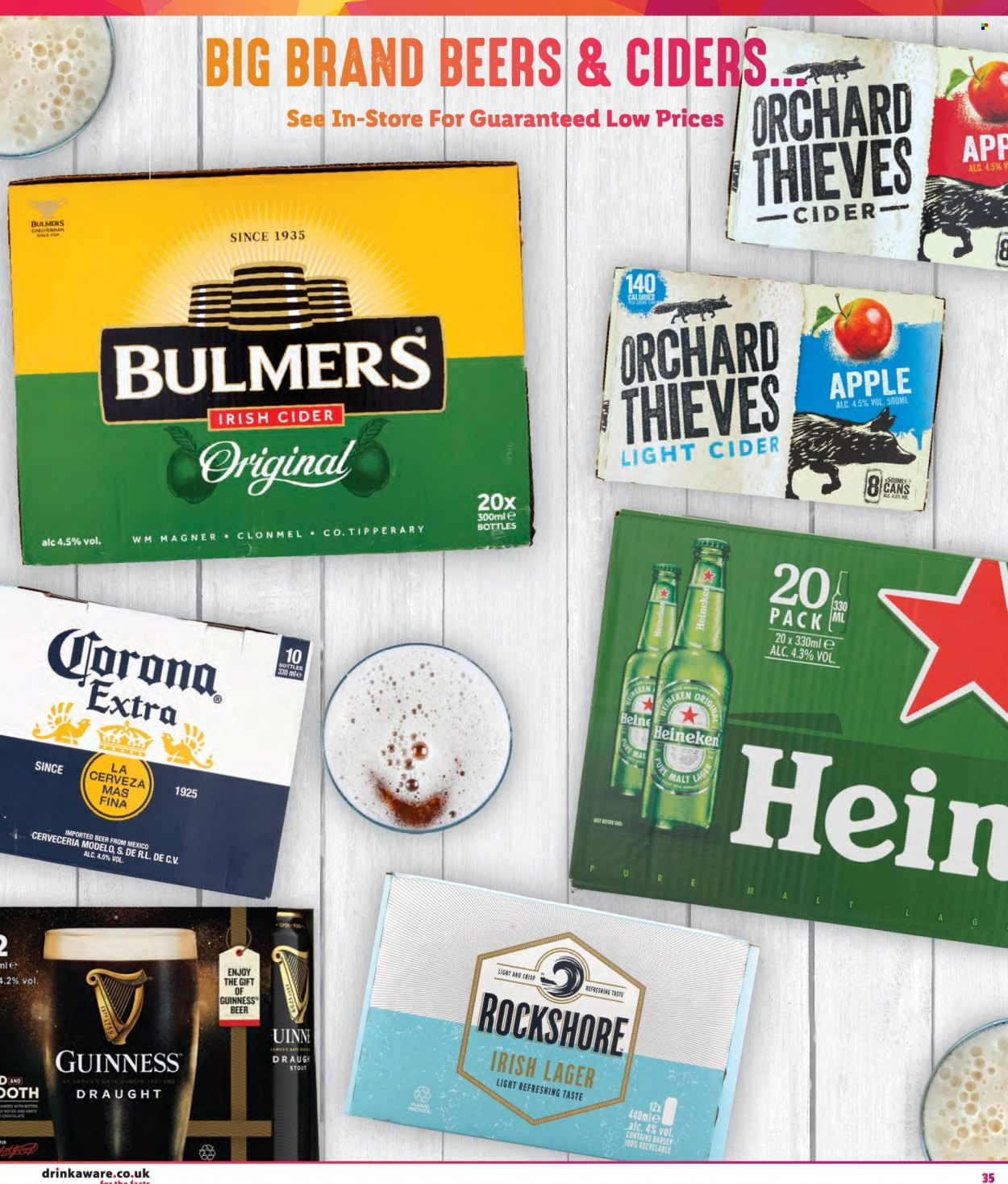 thumbnail - Lidl offer  - Sales products - Corona Extra, Heineken, beer, Bulmers, Guinness, Lager, Modelo, Rockshore, malt, cider, Apple. Page 35.