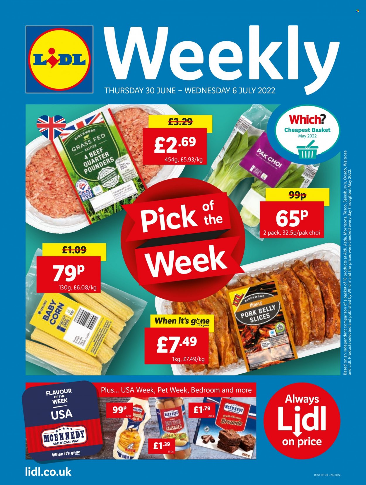 thumbnail - Lidl offer  - 30/06/2022 - 06/07/2022 - Sales products - pork belly, pork meat, muffin, brownies, sausage, basket. Page 1.