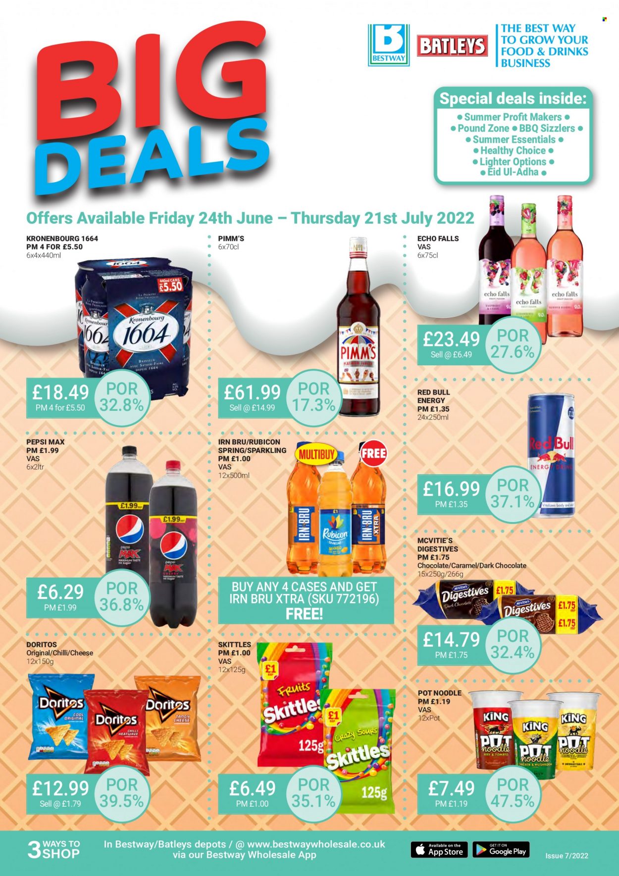 thumbnail - Bestway offer  - 24/06/2022 - 21/07/2022 - Sales products - noodles, Healthy Choice, cheese, chocolate, dark chocolate, Skittles, Doritos, caramel, Pepsi, Pepsi Max, Red Bull, XTRA, pot. Page 1.
