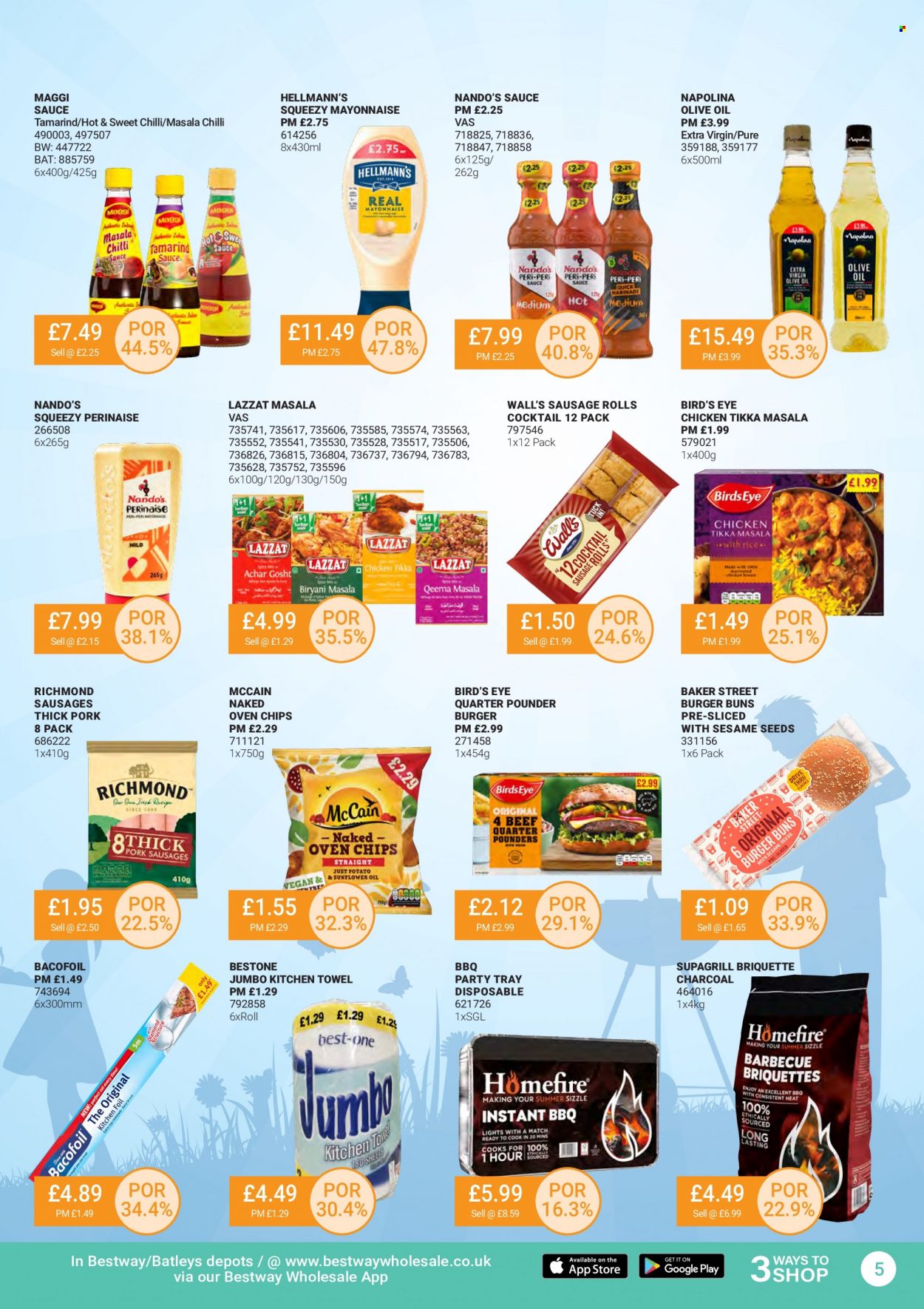 thumbnail - Bestway offer  - 24/06/2022 - 21/07/2022 - Sales products - sausage rolls, buns, burger buns, sauce, Bird's Eye, Tikka Masala, sausage, Hellmann’s, McCain, frozen chips, Maggi, tamarind, extra virgin olive oil, olive oil, oil, kitchen towels, charcoal. Page 5.