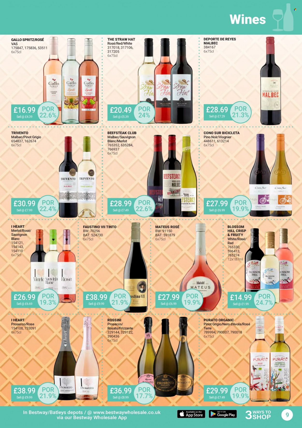thumbnail - Bestway offer  - 24/06/2022 - 21/07/2022 - Sales products - red wine, white wine, prosecco, wine, Merlot, Sauvignon Blanc, Pinot Grigio, rosé wine, straw. Page 9.