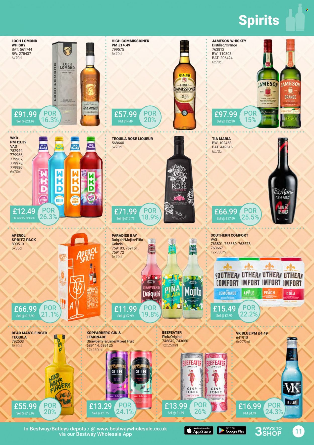 thumbnail - Bestway offer  - 24/06/2022 - 21/07/2022 - Sales products - Kopparberg, oranges, lemonade, wine, gin, liqueur, tequila, whiskey, Jameson, Aperol, Beefeater, whisky. Page 11.