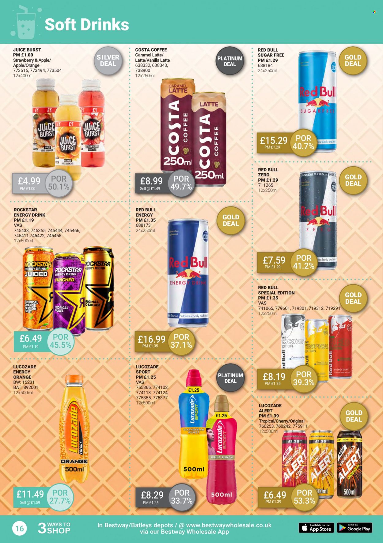 thumbnail - Bestway offer  - 24/06/2022 - 21/07/2022 - Sales products - oranges, caramel, juice, energy drink, soft drink, Red Bull, Lucozade, Rockstar, coffee. Page 16.