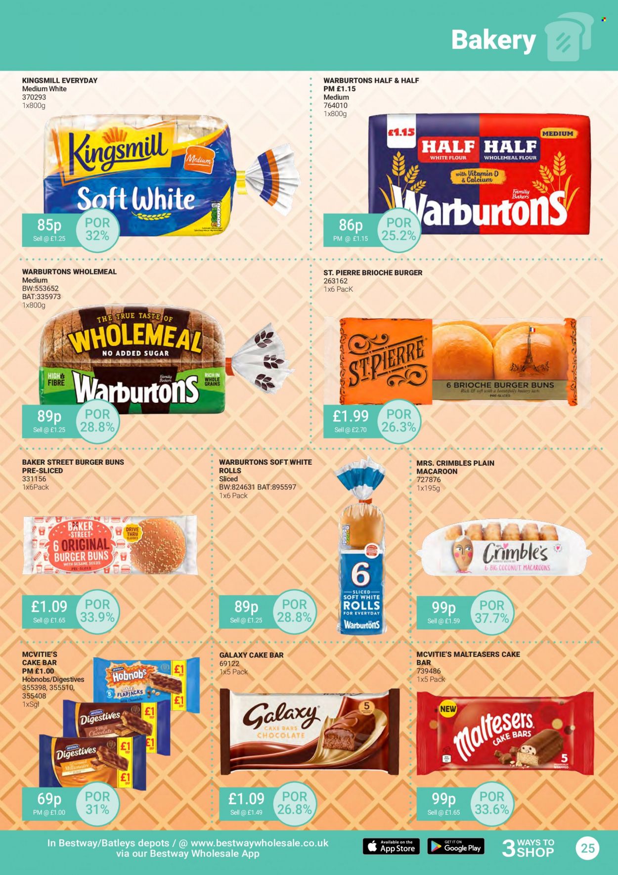 thumbnail - Bestway offer  - 24/06/2022 - 21/07/2022 - Sales products - Half and half, cake, burger buns, brioche, macaroons, chocolate, Maltesers, flour, caramel, calcium. Page 25.