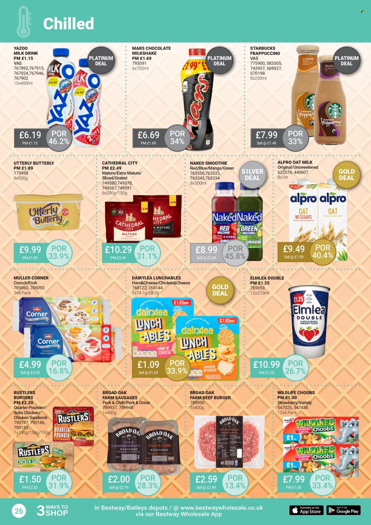 thumbnail - Bestway offer  - 24/06/2022 - 21/07/2022 - Sales products - mango, hamburger, sandwich, Alpro, beef burger, Lunchables, ham, sausage, cheese, Müller, milkshake, oat milk, Mars, smoothie, Starbucks, frappuccino. Page 26.