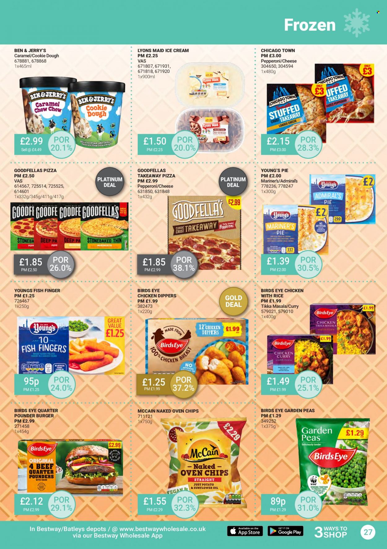 thumbnail - Bestway offer  - 24/06/2022 - 21/07/2022 - Sales products - peas, chicken, hamburger, pie, fish fingers, fish, fish sticks, pizza, Bird's Eye, Tikka Masala, pepperoni, ice cream, Ben & Jerry's, chicken dippers, McCain, frozen chips, cookie dough, caramel, Lyons. Page 27.