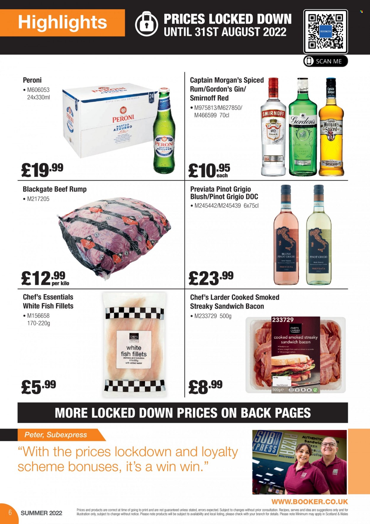 thumbnail - Makro offer  - 28/06/2022 - 31/08/2022 - Sales products - Peroni, fish fillets, whitefish, fish, sandwich, bacon, white wine, Pinot Grigio, Captain Morgan, gin, Smirnoff, spiced rum, Gordon's, rum. Page 6.