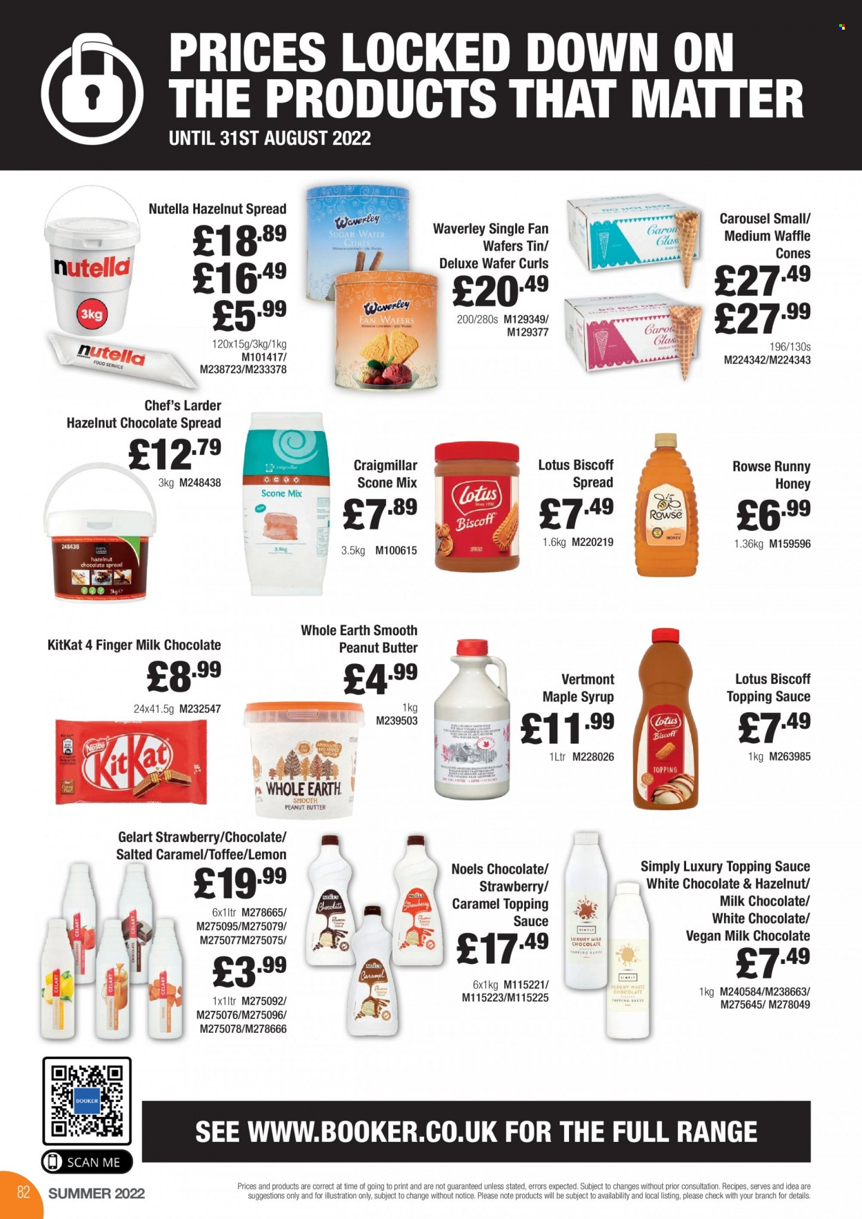 thumbnail - Makro offer  - 28/06/2022 - 31/08/2022 - Sales products - scone mix, sauce, milk chocolate, wafers, white chocolate, Nutella, KitKat, toffee, topping, maple syrup, honey, syrup, hazelnut spread, Lotus. Page 82.