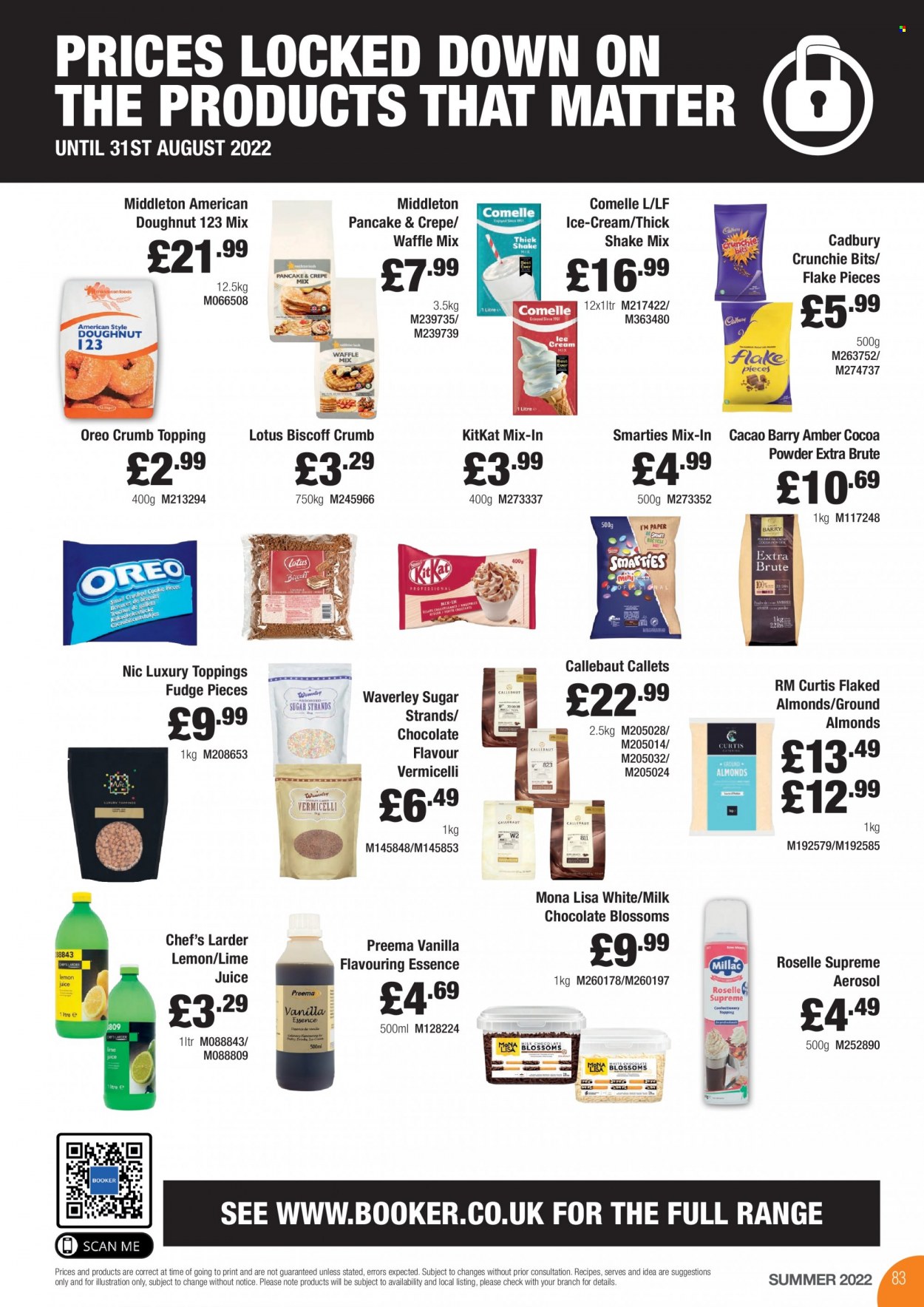 thumbnail - Makro offer  - 28/06/2022 - 31/08/2022 - Sales products - donut, pancakes, Oreo, shake, fudge, milk chocolate, chocolate, Smarties, Cadbury, KitKat, sugar, topping, almonds, Lotus. Page 83.