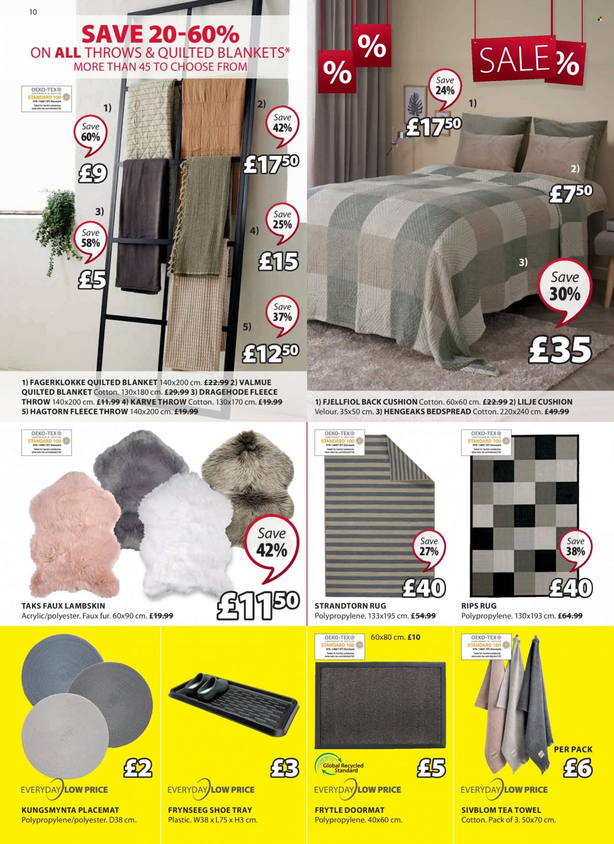thumbnail - JYSK offer  - 30/06/2022 - 13/07/2022 - Sales products - cushion, placemat, faux lambskin, tray, tea towels, bedspread, blanket, fleece throw, door mat, rug. Page 10.