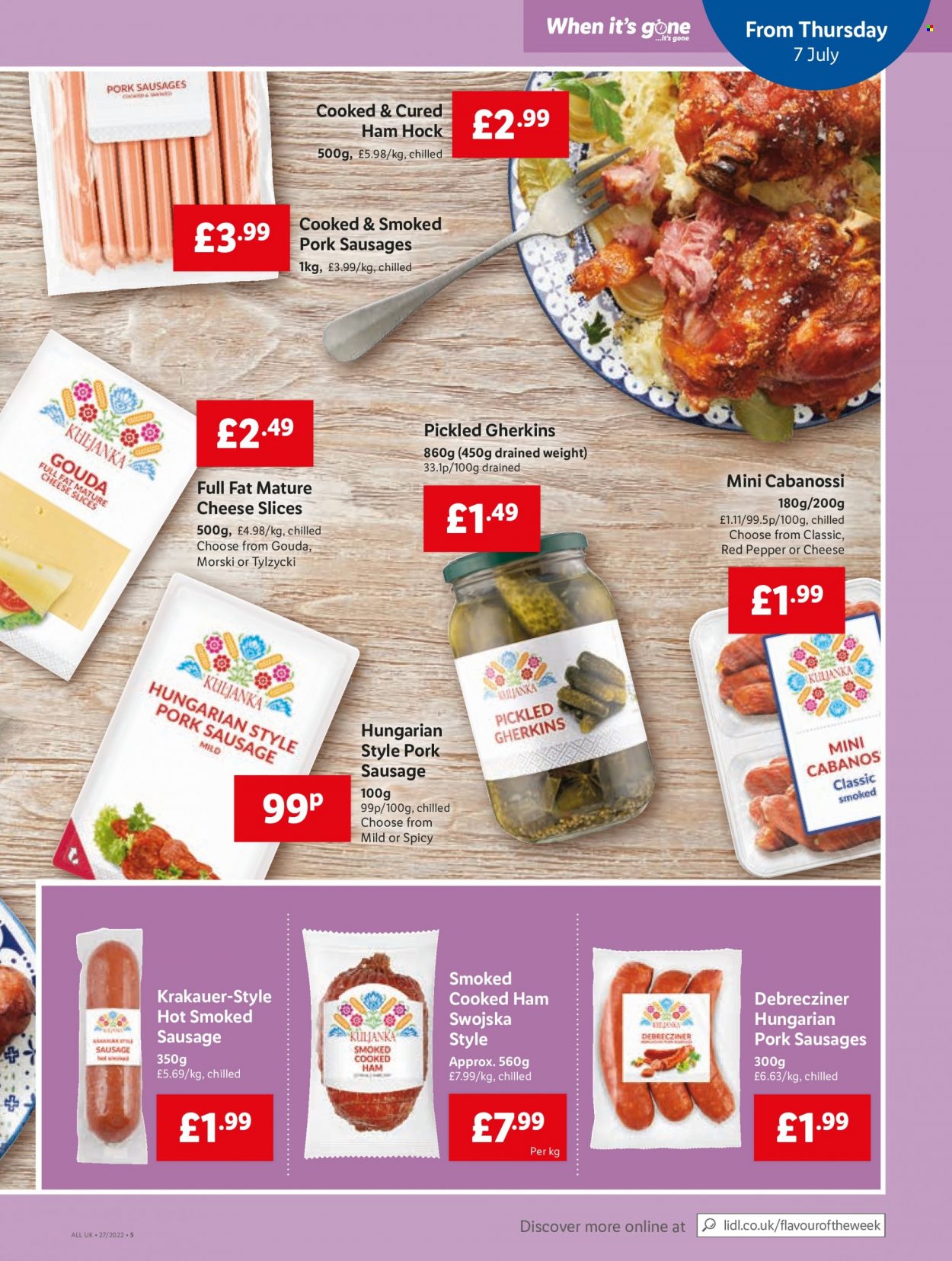 thumbnail - Lidl offer  - 07/07/2022 - 13/07/2022 - Sales products - cooked ham, ham, sausage, smoked sausage, pork sausage, cabanossi, gouda, sliced cheese. Page 7.