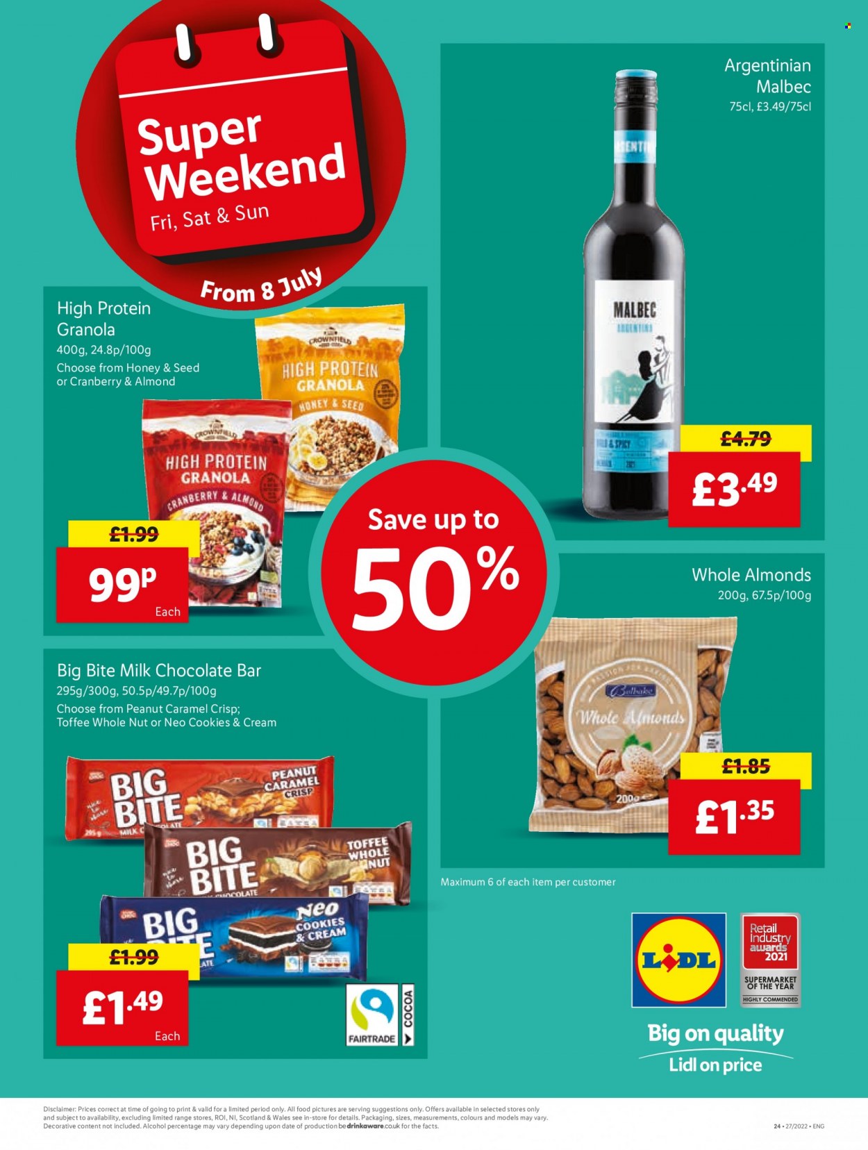 thumbnail - Lidl offer  - 07/07/2022 - 13/07/2022 - Sales products - alcohol, cookies, milk chocolate, toffee, chocolate bar, cocoa, granola, caramel, honey, almonds, red wine, wine, plant seeds. Page 24.