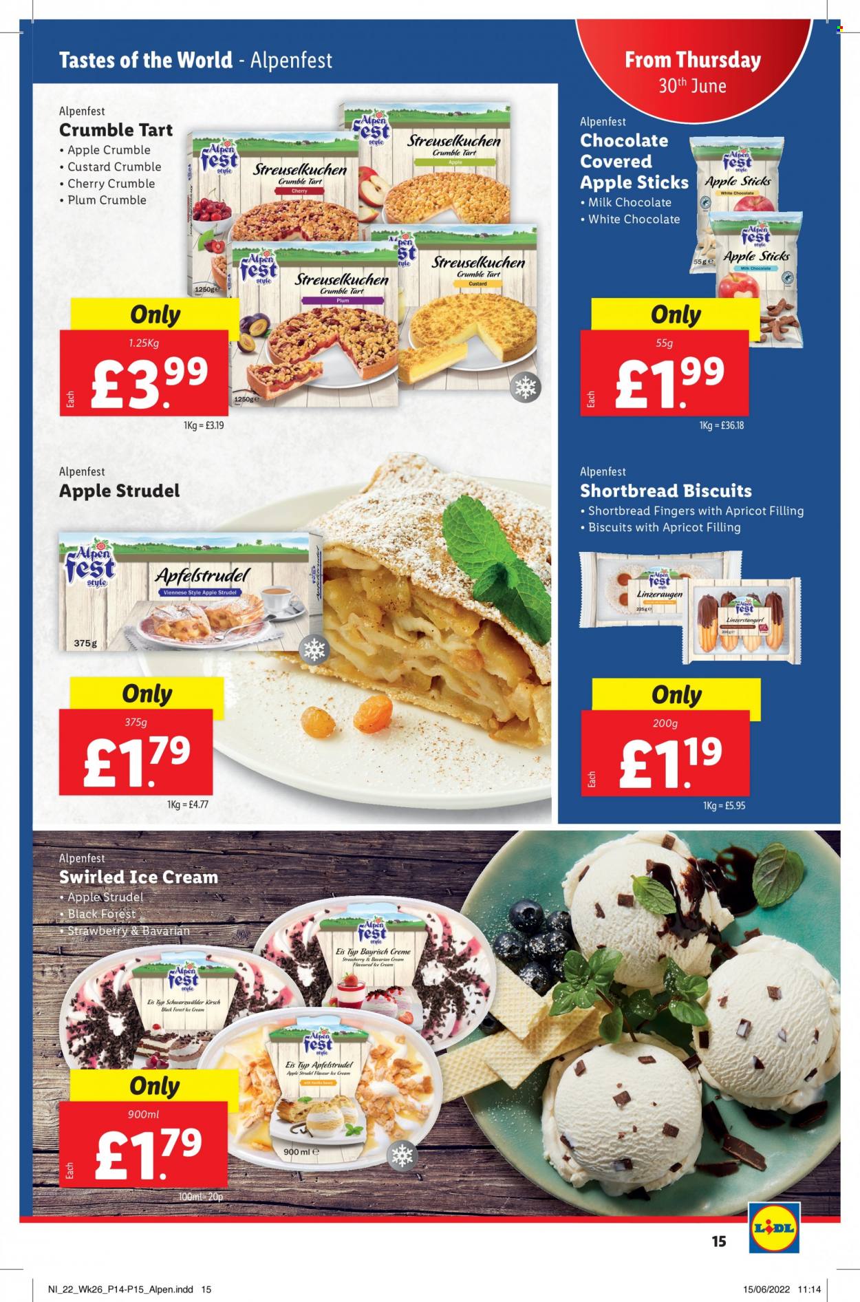 thumbnail - Lidl offer  - 30/06/2022 - 06/07/2022 - Sales products - tart, strudel, Alpen Fest, crumble tart, custard, ice cream, biscuit, milk chocolate, white chocolate. Page 15.