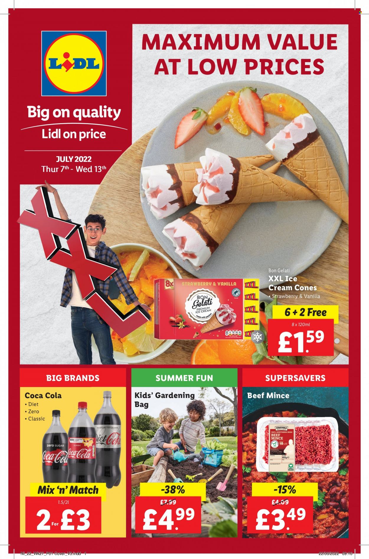 thumbnail - Lidl offer  - 07/07/2022 - 13/07/2022 - Sales products - beef meat, ground beef, ice cream, Coca-Cola, bag. Page 1.