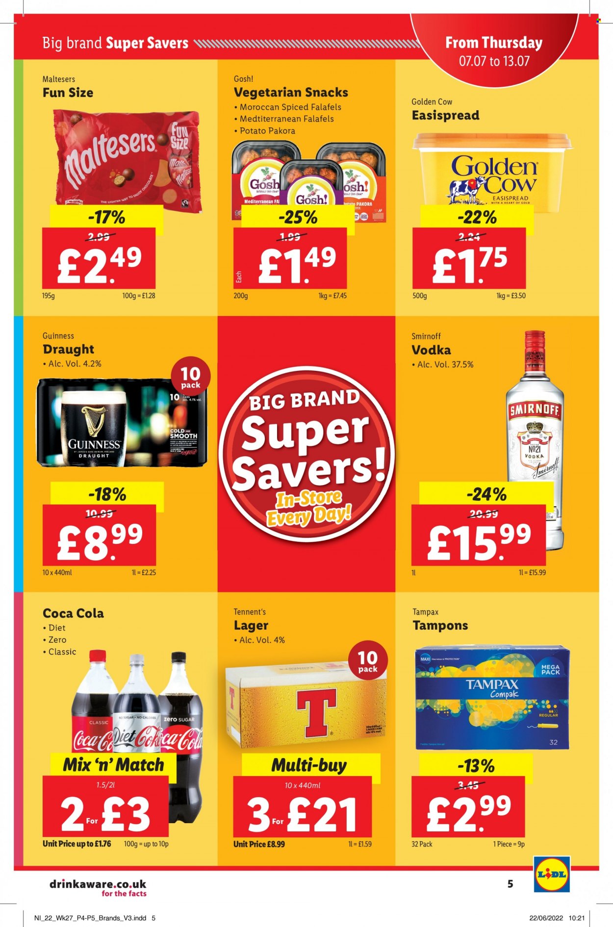 thumbnail - Lidl offer  - 07/07/2022 - 13/07/2022 - Sales products - beer, Guinness, Lager, chocolate, snack, Maltesers, Coca-Cola, Smirnoff, vodka, Tampax, tampons. Page 5.