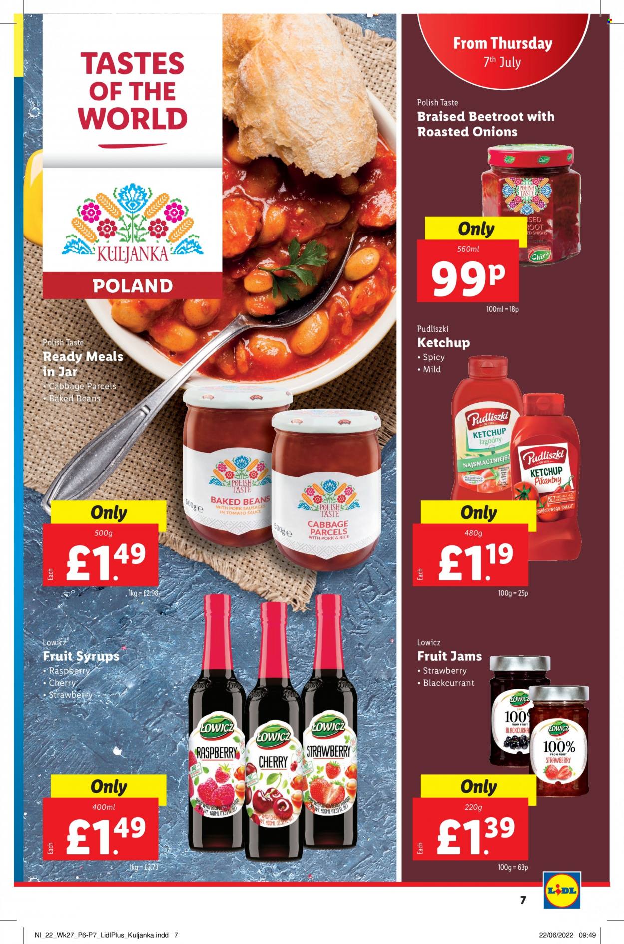 thumbnail - Lidl offer  - 07/07/2022 - 13/07/2022 - Sales products - beans, cabbage, onion, beetroot, cherries, sausage, baked beans, rice, ketchup, polish. Page 7.