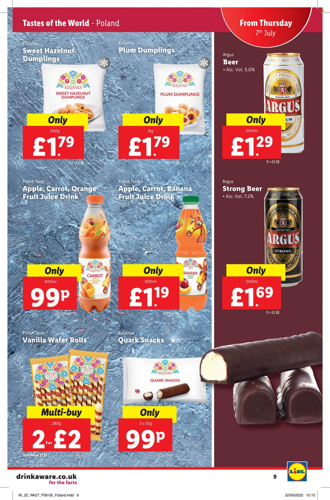 thumbnail - Lidl offer  - 07/07/2022 - 13/07/2022 - Sales products - beer, dumplings, wafers, snack, juice, fruit juice, polish. Page 9.