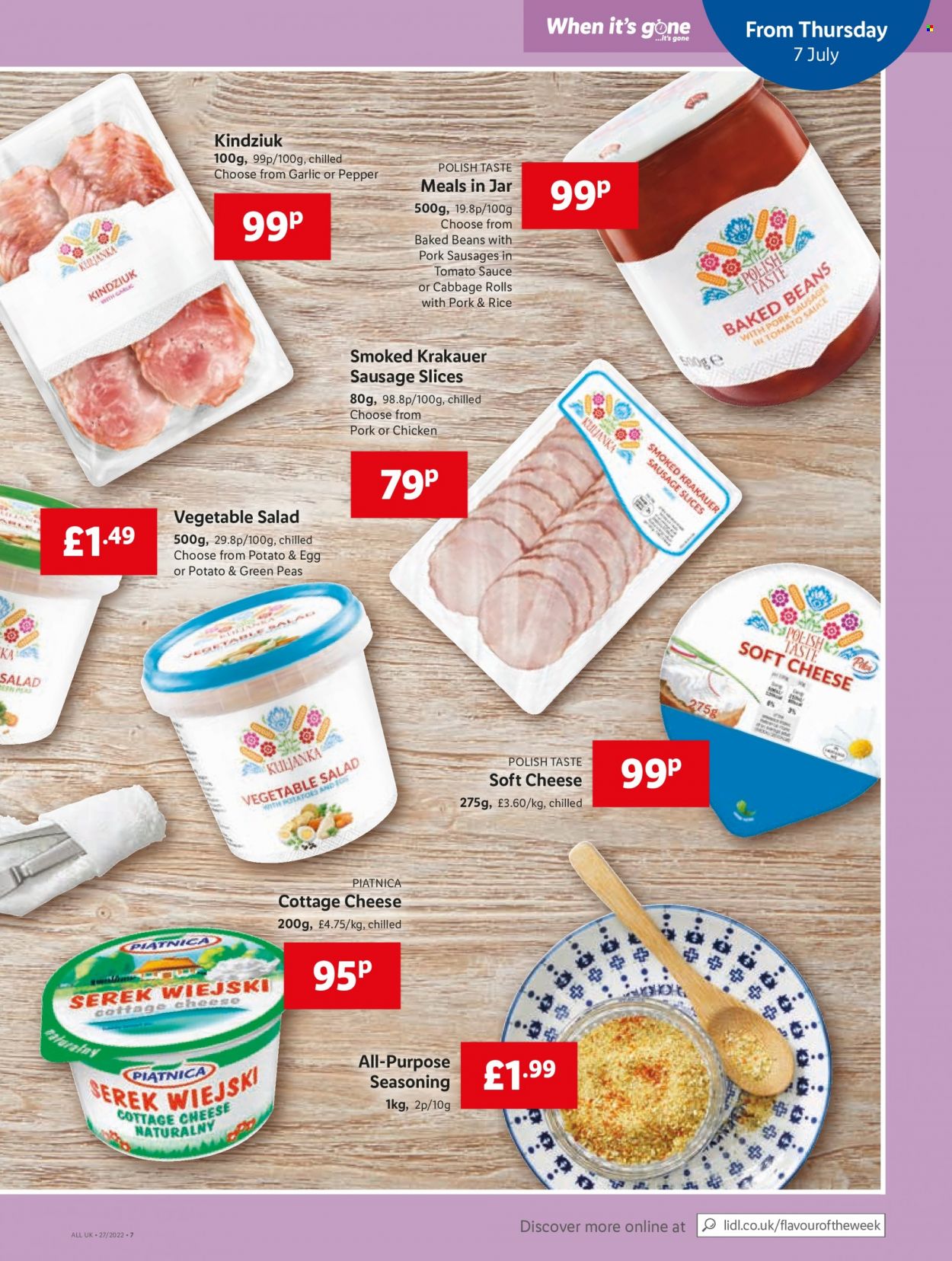 thumbnail - Lidl offer  - 07/07/2022 - 13/07/2022 - Sales products - beans, cabbage, garlic, peas, salad, sausage, sausage slices, cottage cheese, soft cheese, cheese, eggs, baked beans, rice, spice, polish. Page 5.
