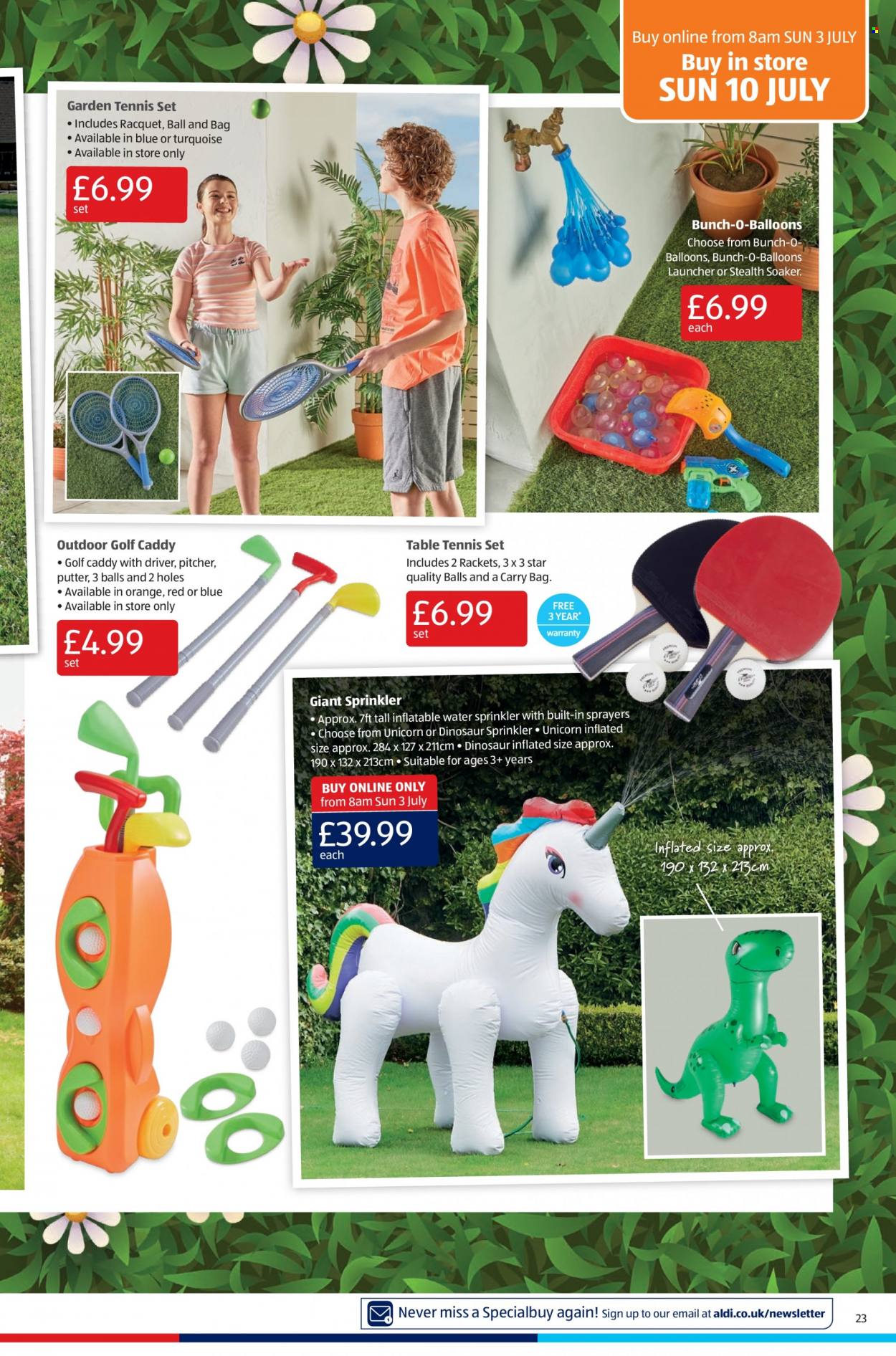thumbnail - Aldi offer  - 03/07/2022 - 10/07/2022 - Sales products - pitcher, balloons, table, carry bag, soaker, dinosaur. Page 23.