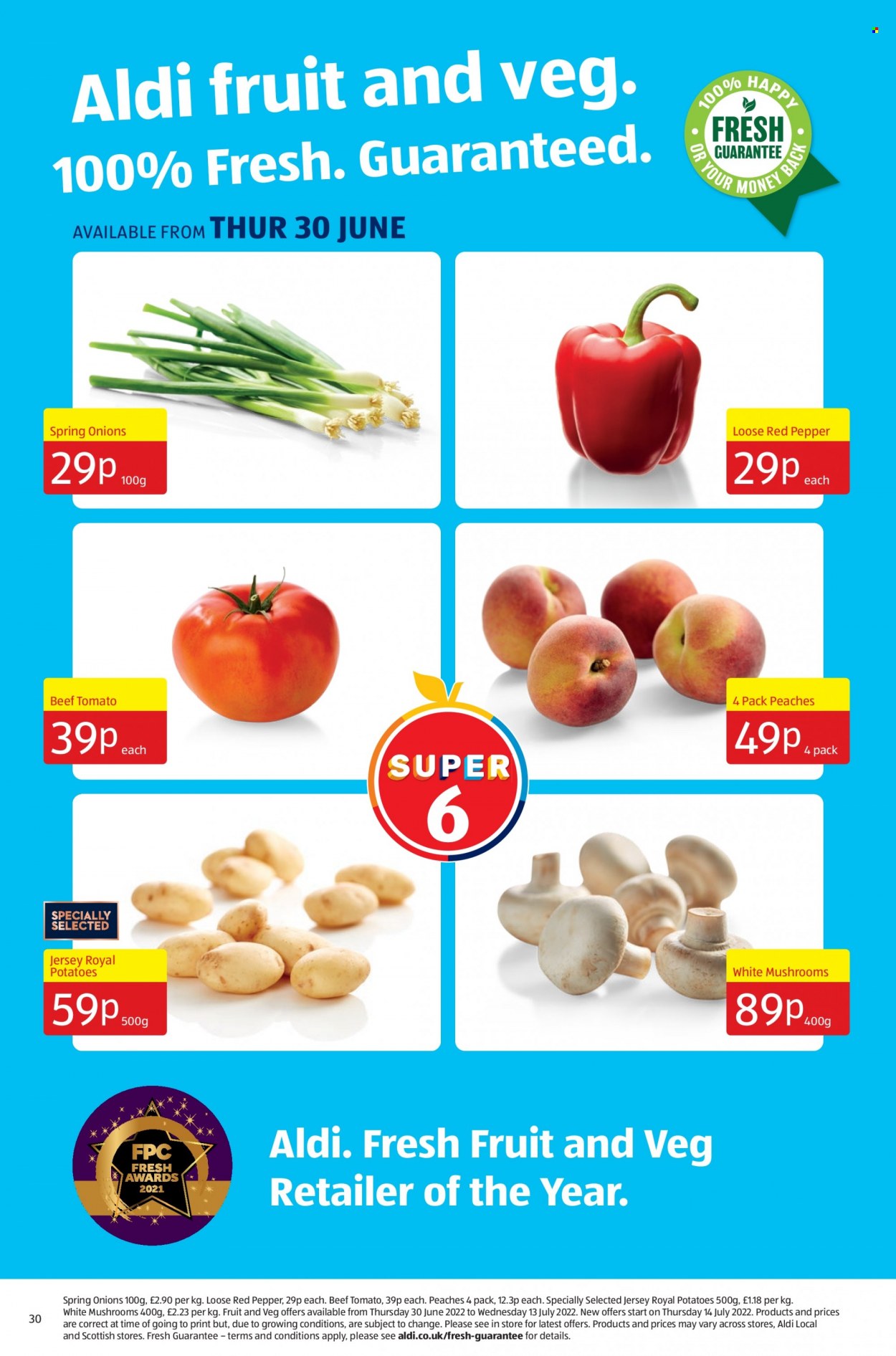 thumbnail - Aldi offer  - 03/07/2022 - 10/07/2022 - Sales products - mushrooms, potatoes, onion, green onion, peaches, jersey. Page 30.