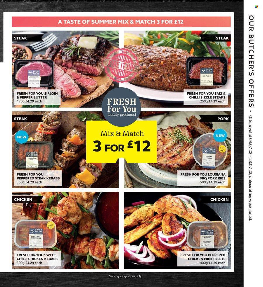 thumbnail - SuperValu offer  - 04/07/2022 - 23/07/2022 - Sales products - steak, pork meat, pork ribs, chicken kabobs, butter. Page 3.