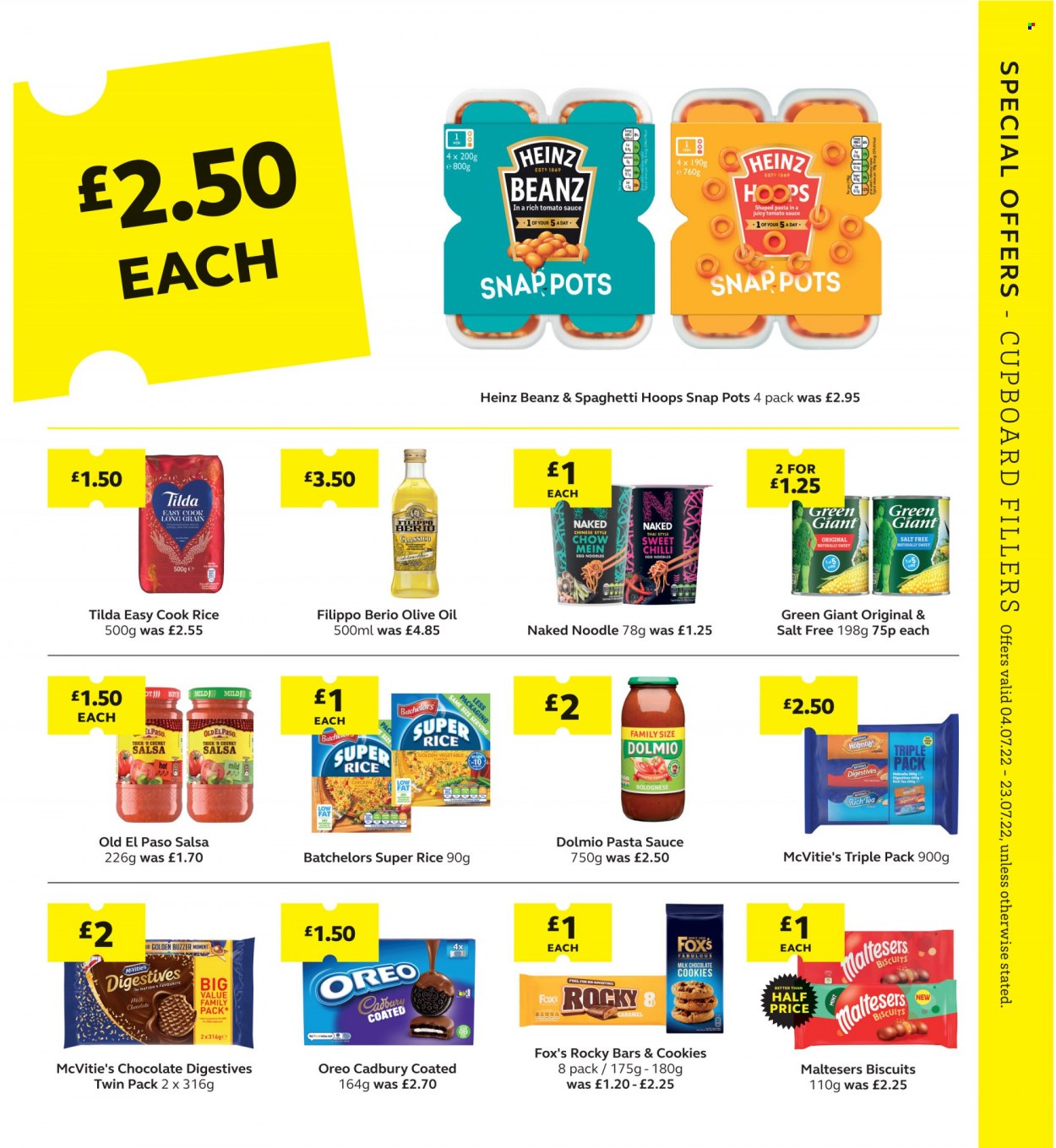 thumbnail - SuperValu offer  - 04/07/2022 - 23/07/2022 - Sales products - Old El Paso, spaghetti, pasta sauce, noodles, sauce, Oreo, biscuit, cookies, milk chocolate, chocolate, chocolate cookies, Cadbury, Maltesers, Heinz, rice, egg noodles, caramel, salsa, Classico, olive oil, oil, tea. Page 9.