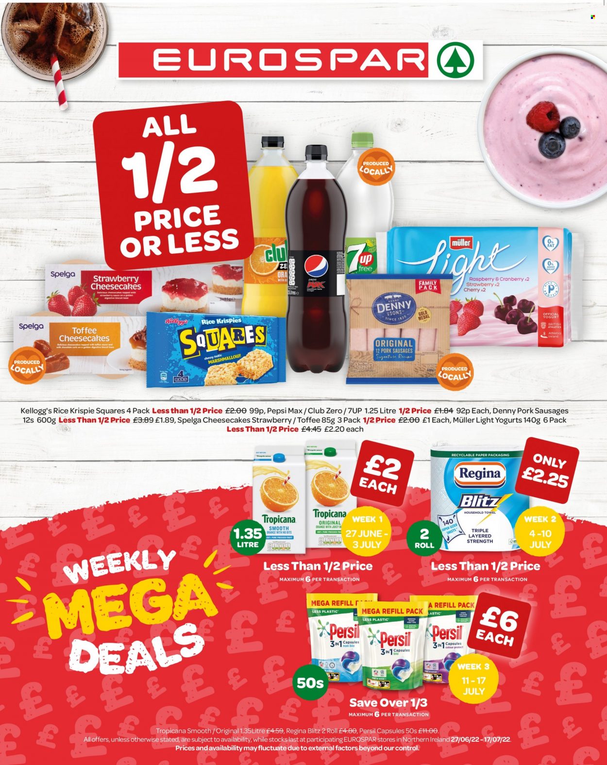 thumbnail - SPAR offer  - 27/06/2022 - 17/07/2022 - Sales products - pineapple, pears, cake, brownies, sausage, Oreo, Müller, Yoplait, Ben & Jerry's, fudge, chocolate, Snickers, Twix, Bounty, Mars, Cadbury, toffee, Kellogg's, Tayto, rice, caramel, oil, Pepsi, Pepsi Max, 7UP, Club Zero, smoothie, baby powder, Kleenex, Rex, Febreze, Fairy, Persil, Surf, body wash, shampoo, shower gel, L’Oréal, L’Oréal Men, conditioner, VO5, body lotion, anti-perspirant, Sure, animal food, dog food, Winalot, Bakers, dry dog food. Page 1.
