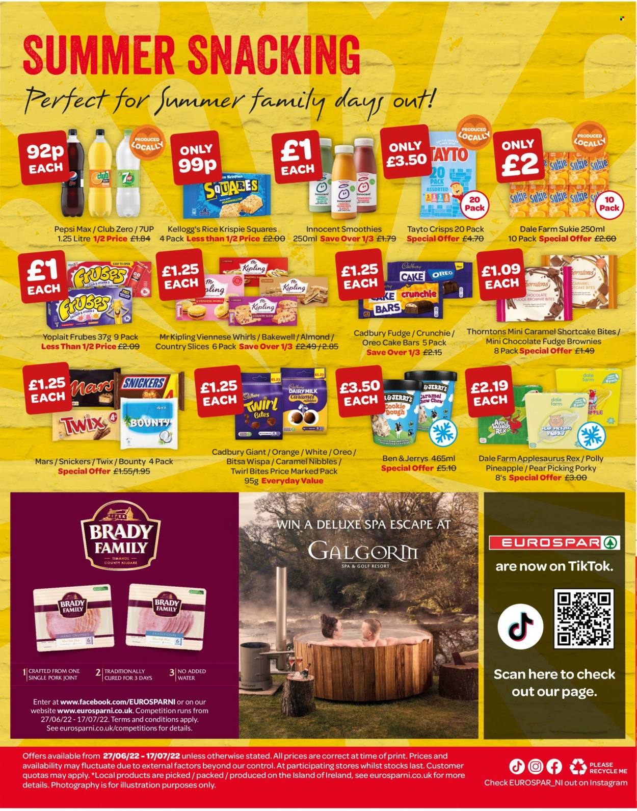 thumbnail - SPAR offer  - 27/06/2022 - 17/07/2022 - Sales products - pineapple, pears, cake, brownies, sausage, Oreo, Müller, Yoplait, Ben & Jerry's, fudge, chocolate, Snickers, Twix, Bounty, Mars, Cadbury, toffee, Kellogg's, Tayto, rice, caramel, oil, Pepsi, Pepsi Max, 7UP, Club Zero, smoothie, baby powder, Kleenex, Rex, Febreze, Fairy, Persil, Surf, body wash, shampoo, shower gel, L’Oréal, L’Oréal Men, conditioner, VO5, body lotion, anti-perspirant, Sure, animal food, dog food, Winalot, Bakers, dry dog food. Page 6.
