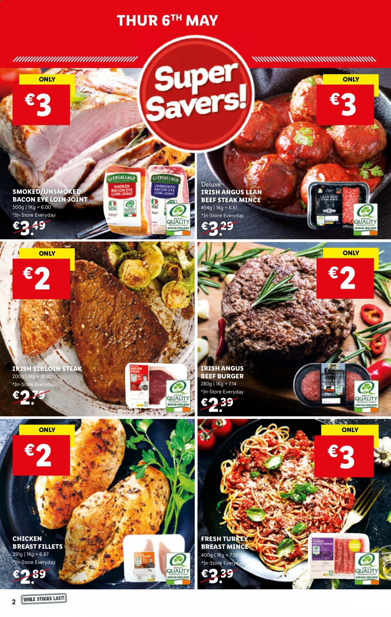 thumbnail - Lidl offer  - 06.05.2021 - 12.05.2021 - Sales products - hamburger, beef burger, bacon, turkey breast, chicken breasts, beef meat, beef sirloin, beef steak, steak, sirloin steak. Page 2.