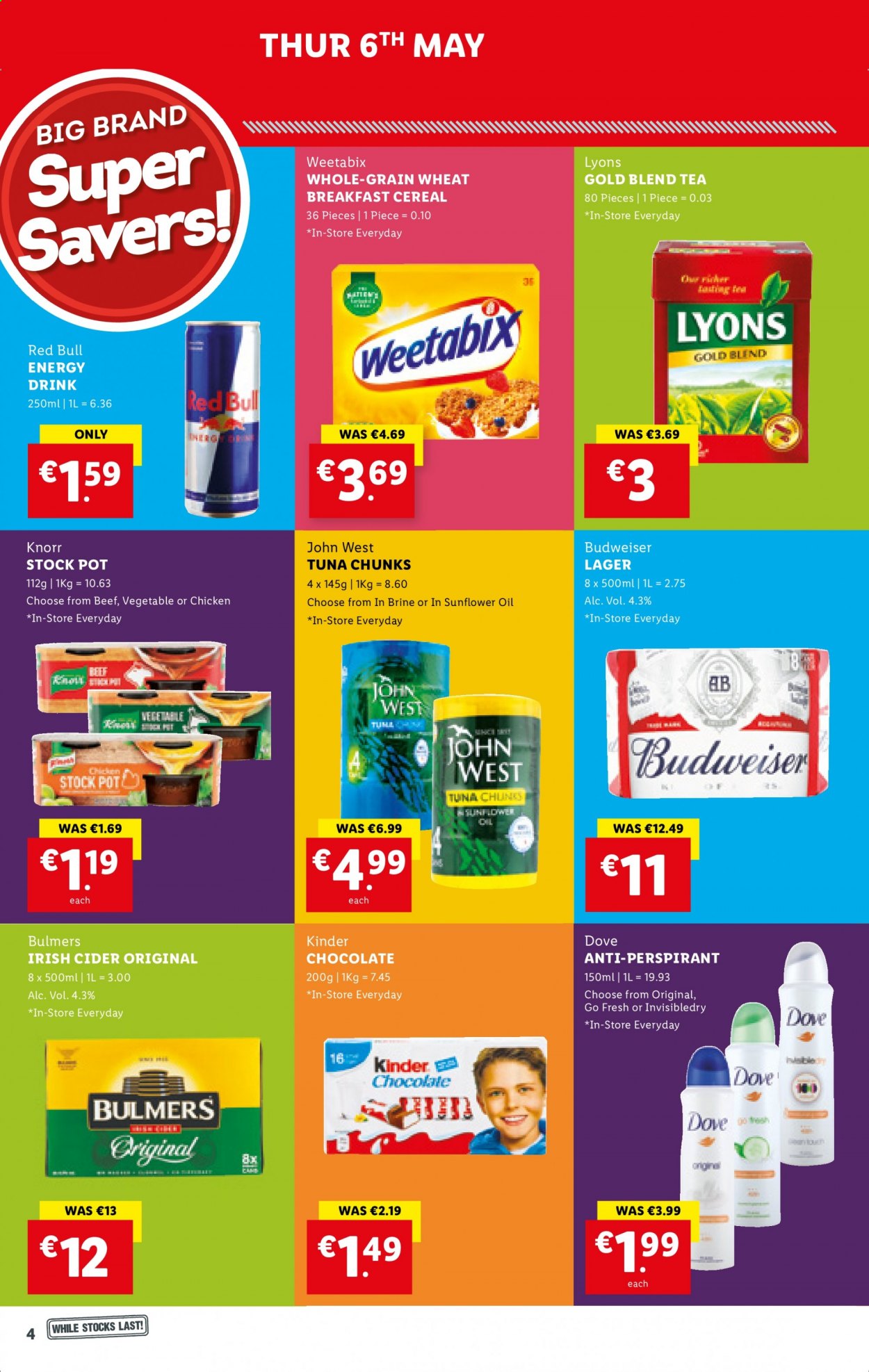 thumbnail - Lidl offer  - 06.05.2021 - 12.05.2021 - Sales products - tuna, Knorr, chocolate, cereals, Weetabix, stockpot, energy drink, Red Bull, tea, Lyons, cider, beer, Budweiser, Bulmers, Lager, Dove, anti-perspirant, pot. Page 4.